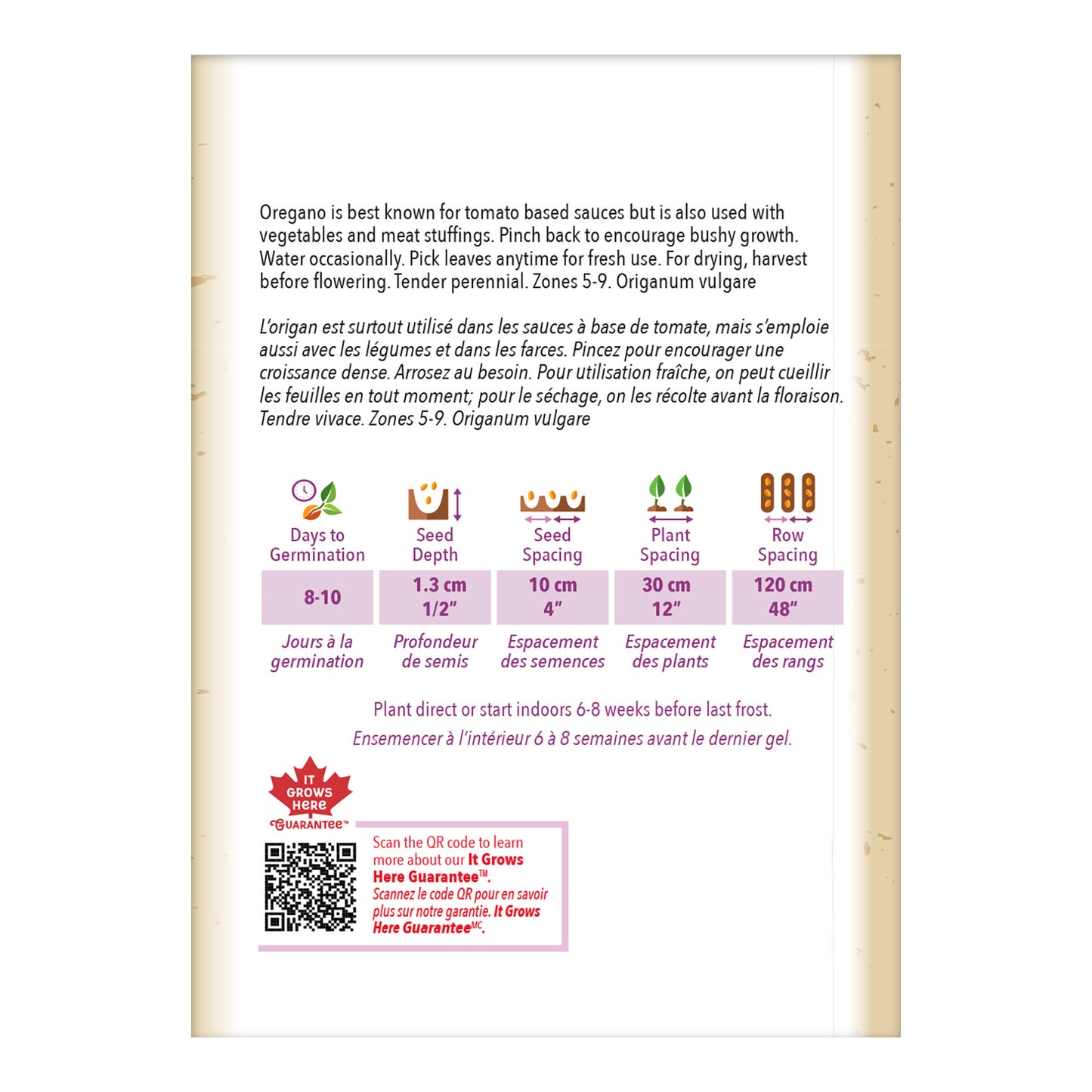 Seeds packet with planting instructions and product details on a white background