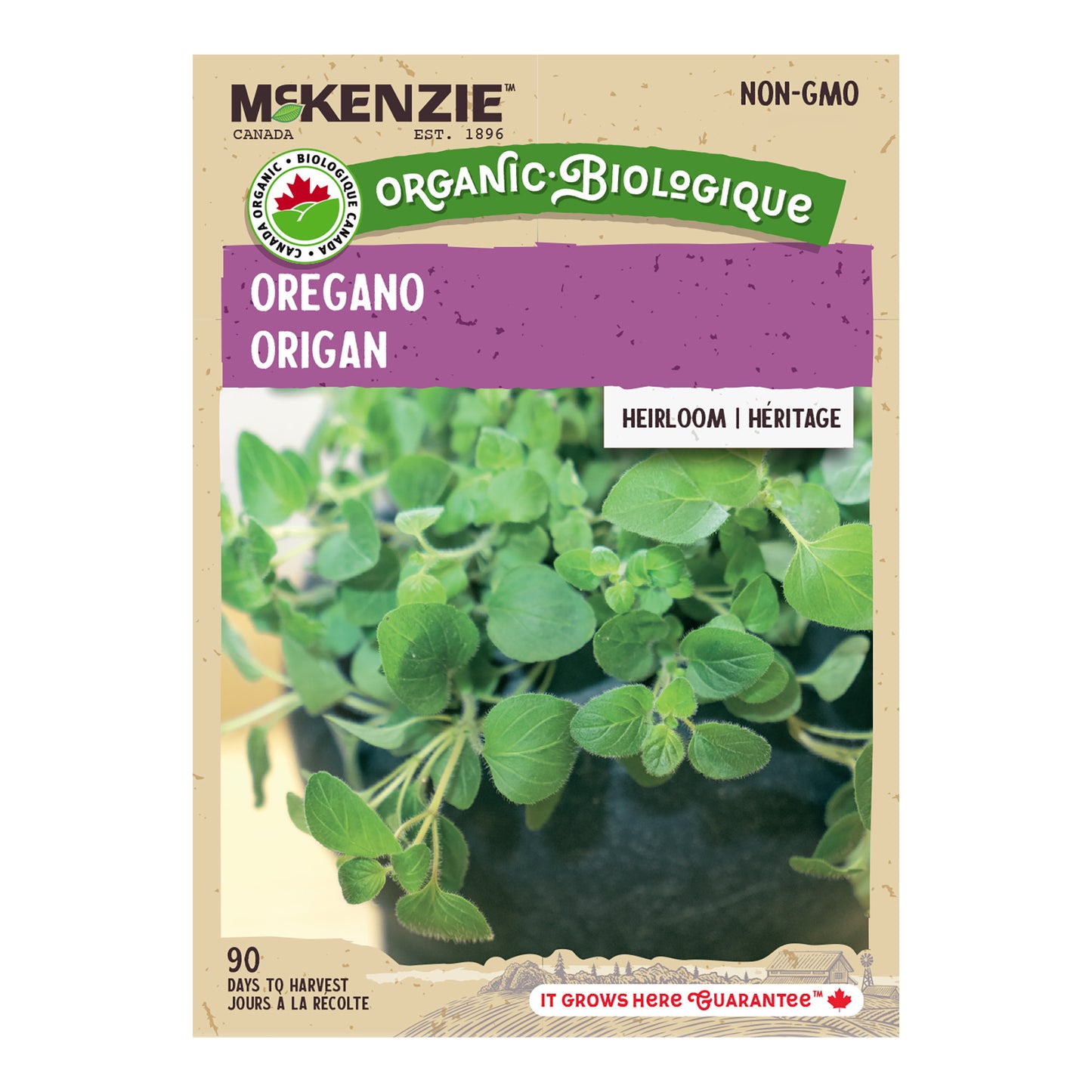 Front of McKenzie Seeds oregano seed packet showing variety name and brand logo