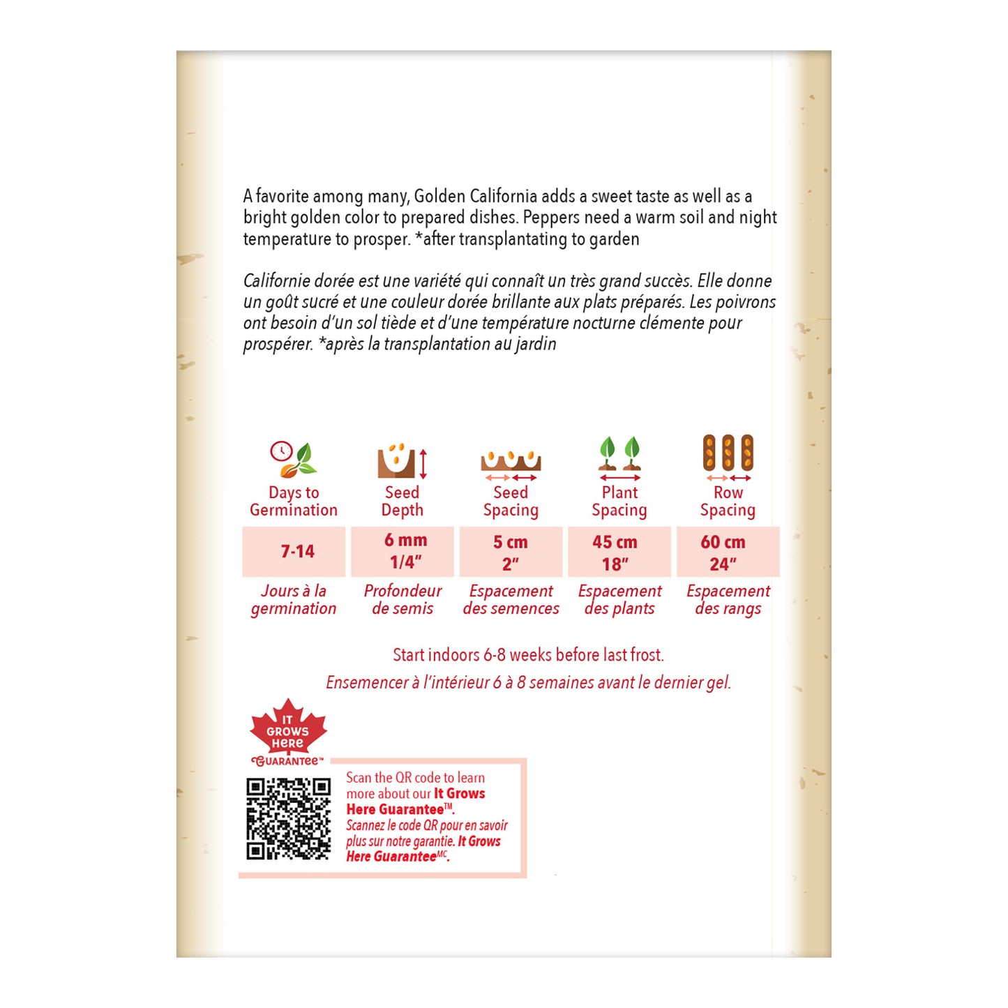 Seed packet for Golden California peppers with planting instructions and QR code.