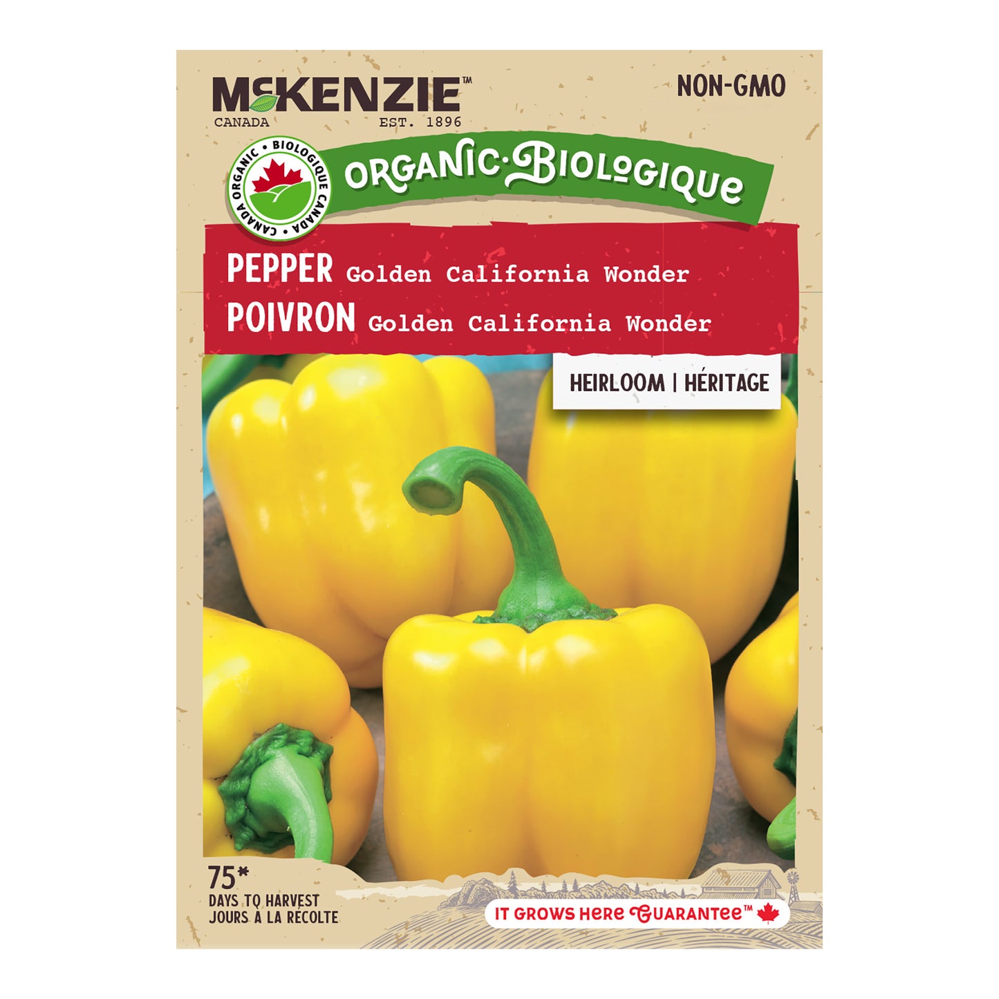 Front of McKenzie Seeds pepper seed packet showing variety name and brand logo