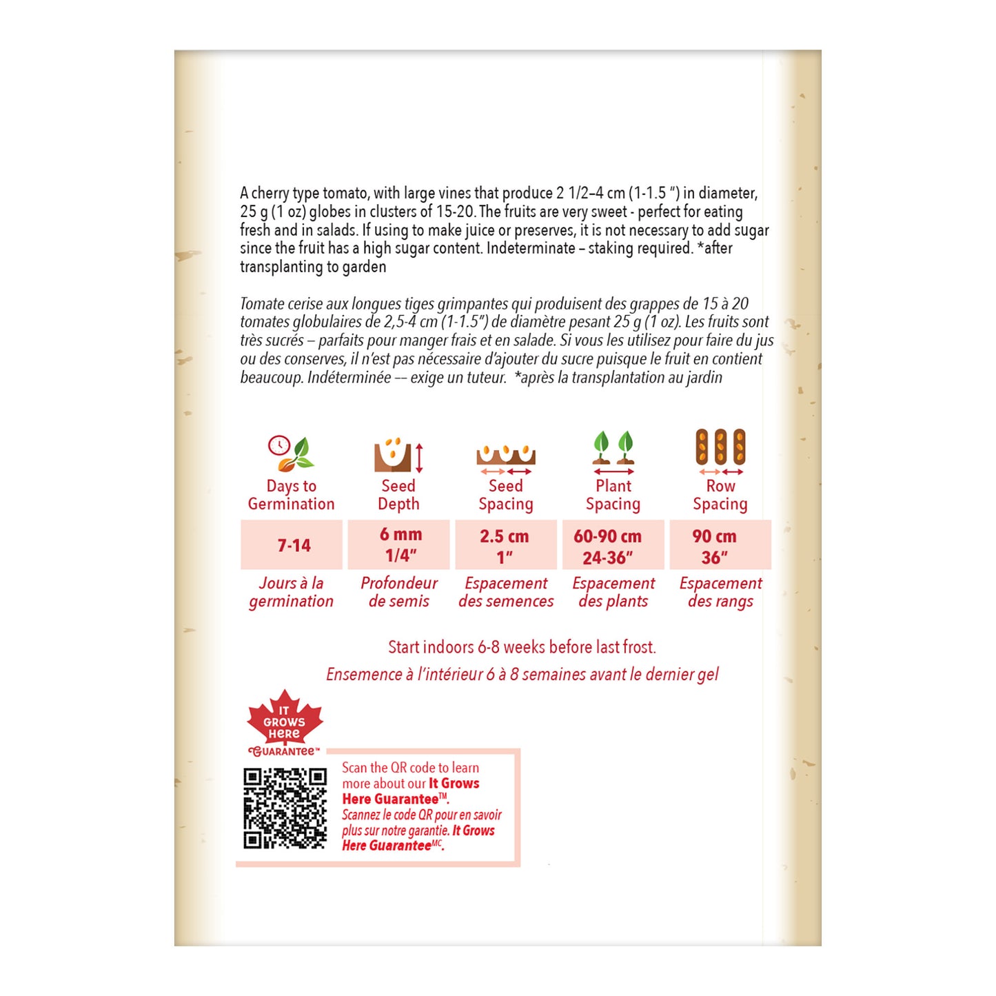 Back of a seed packet with gardening instructions and product details.