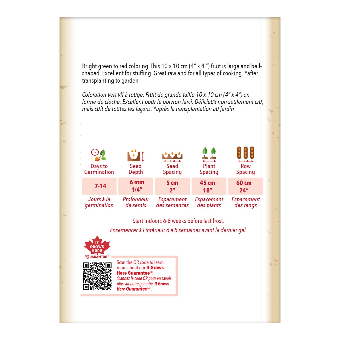 Seed packet with planting instructions and product details on a white background