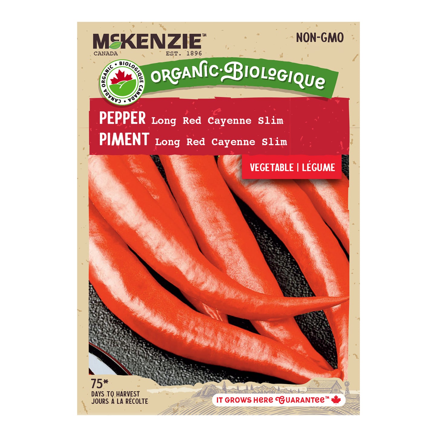 Front of McKenzie Seeds pepper seed packet showing variety name and brand logo