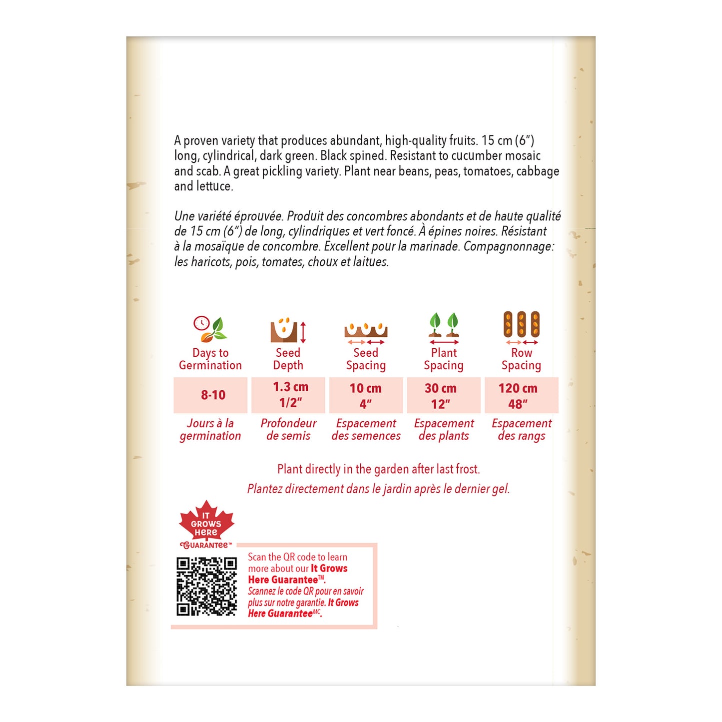 Seed packet with gardening instructions and product details on a white background
