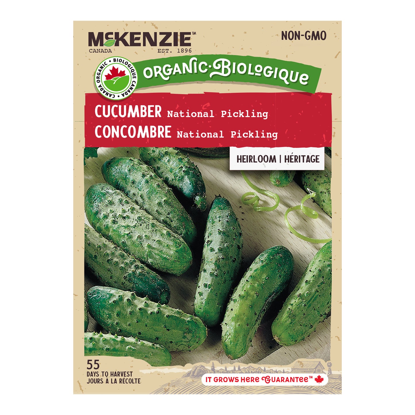 Front of McKenzie Seeds Cucumber seed packet showing brand logo, cucumber variety name, and image of fresh cucumbers.
