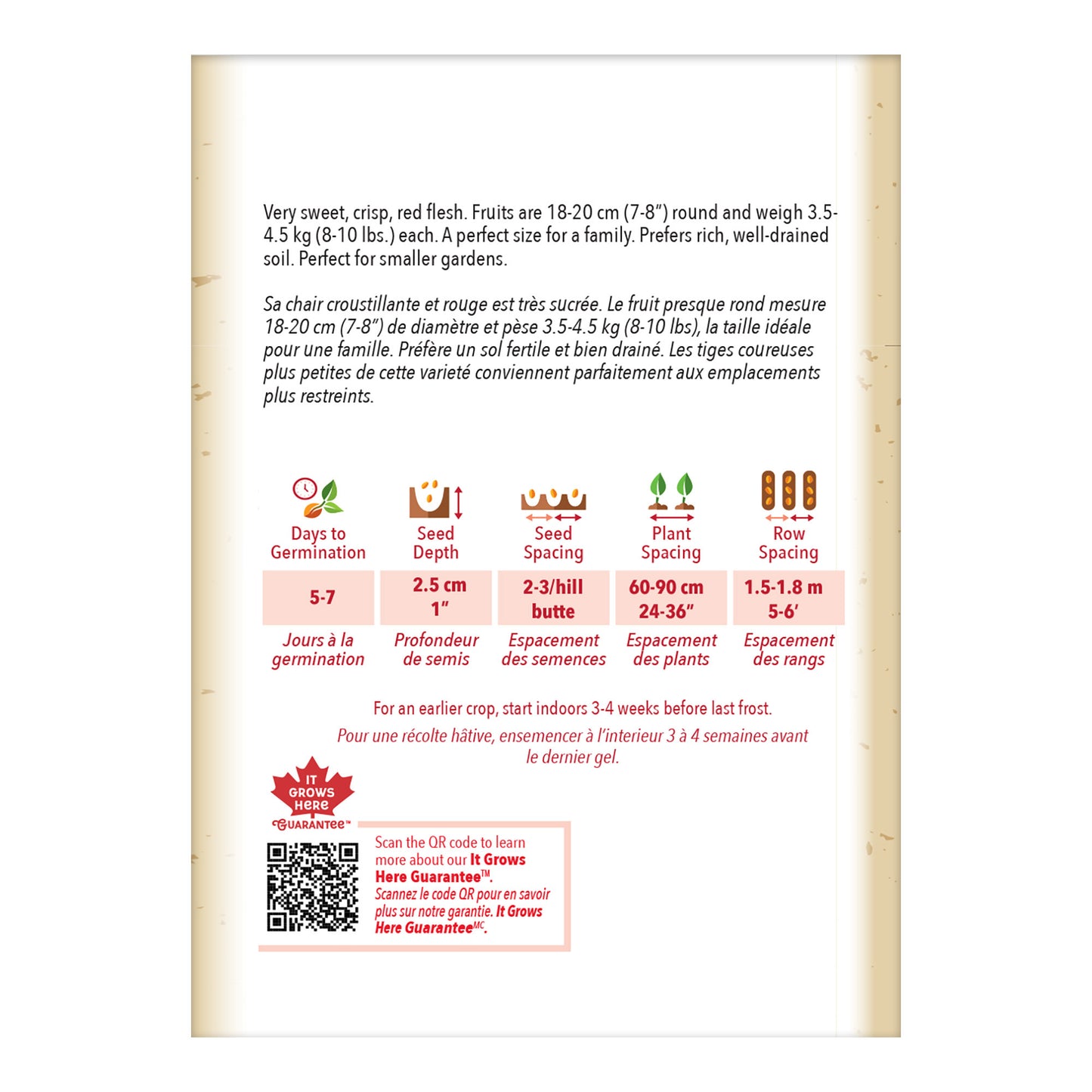 Seed packet with planting instructions and product details on a white background