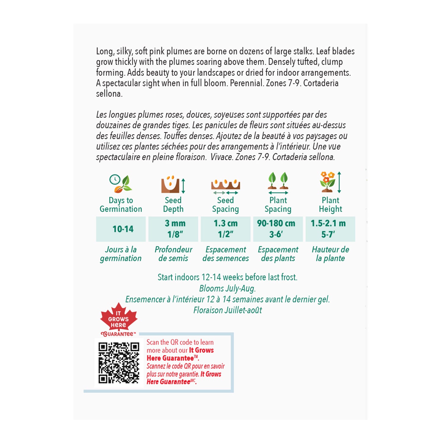 Back of a seed packet with plant information and QR code on a white background