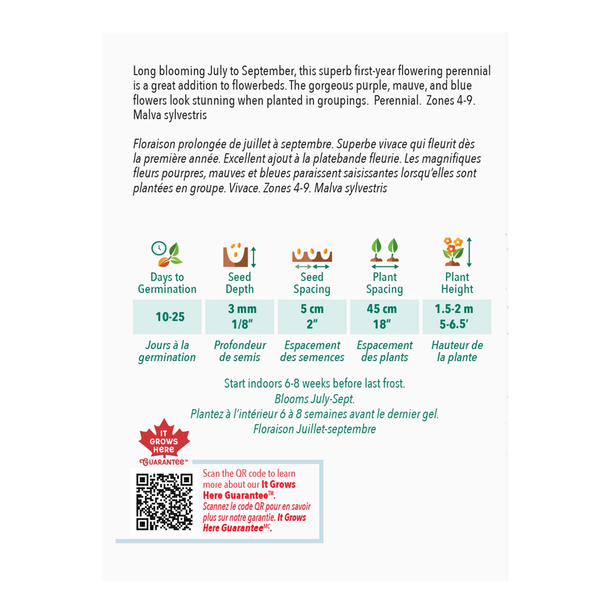 Seed packet with planting instructions and product details on a white background