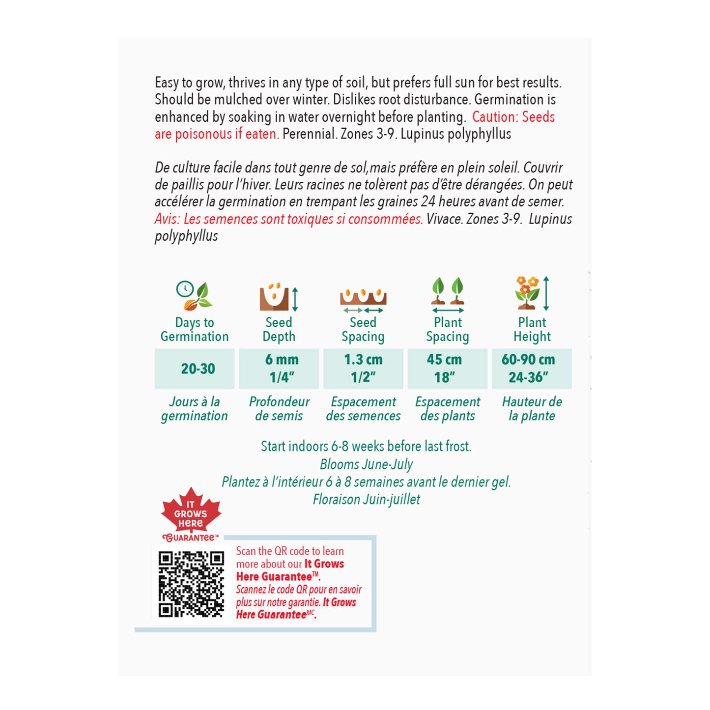 Seed packet with planting instructions and product details on a white background