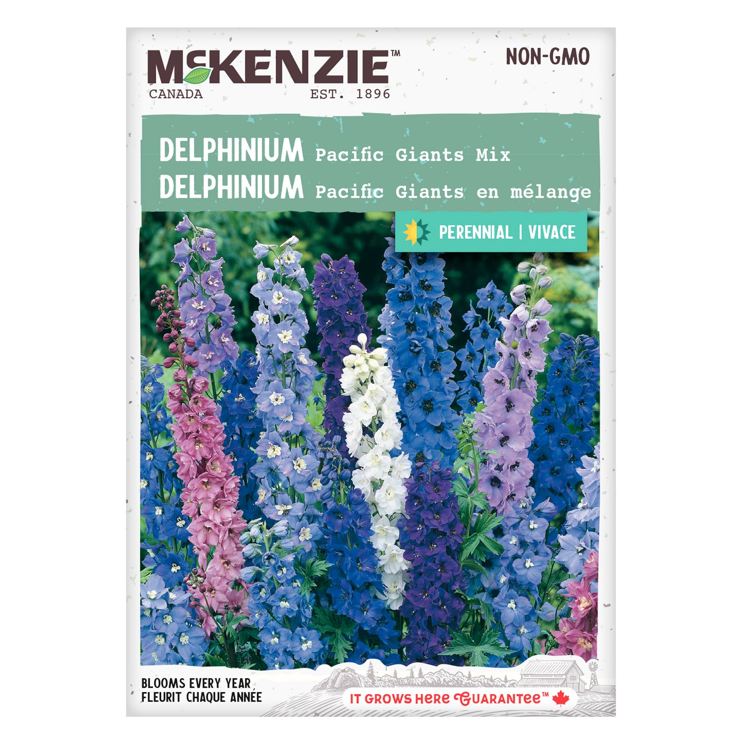 Front of McKenzie Seeds Delphinium seed packet showing brand logo