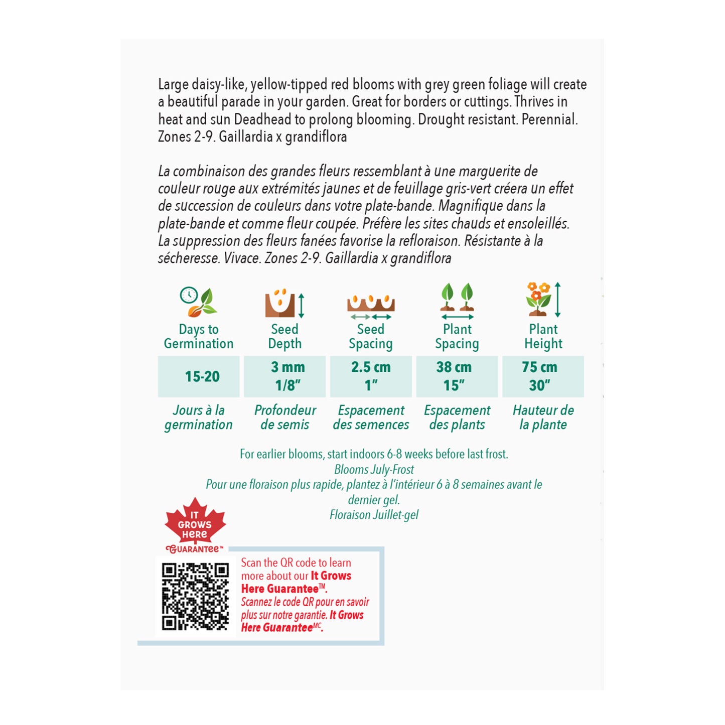 Gardening label with plant information and QR code on a white background