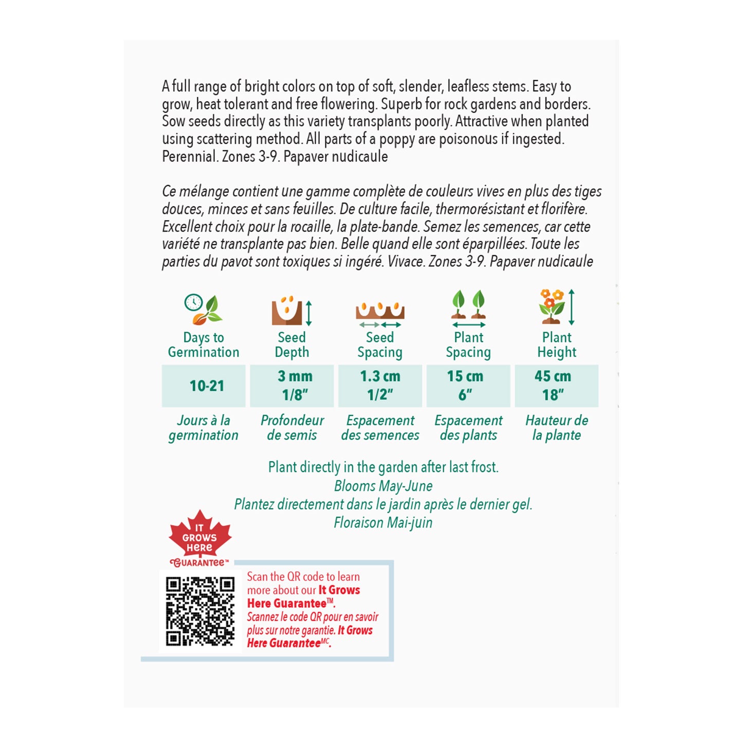 Seed packet with planting instructions and product details on a white background