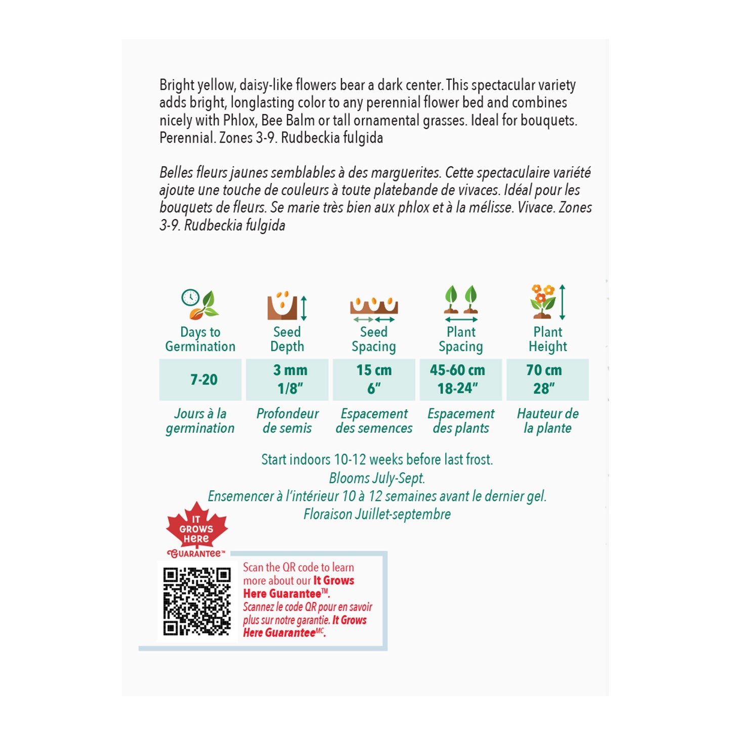 Seed packet with planting instructions and product details on a white background