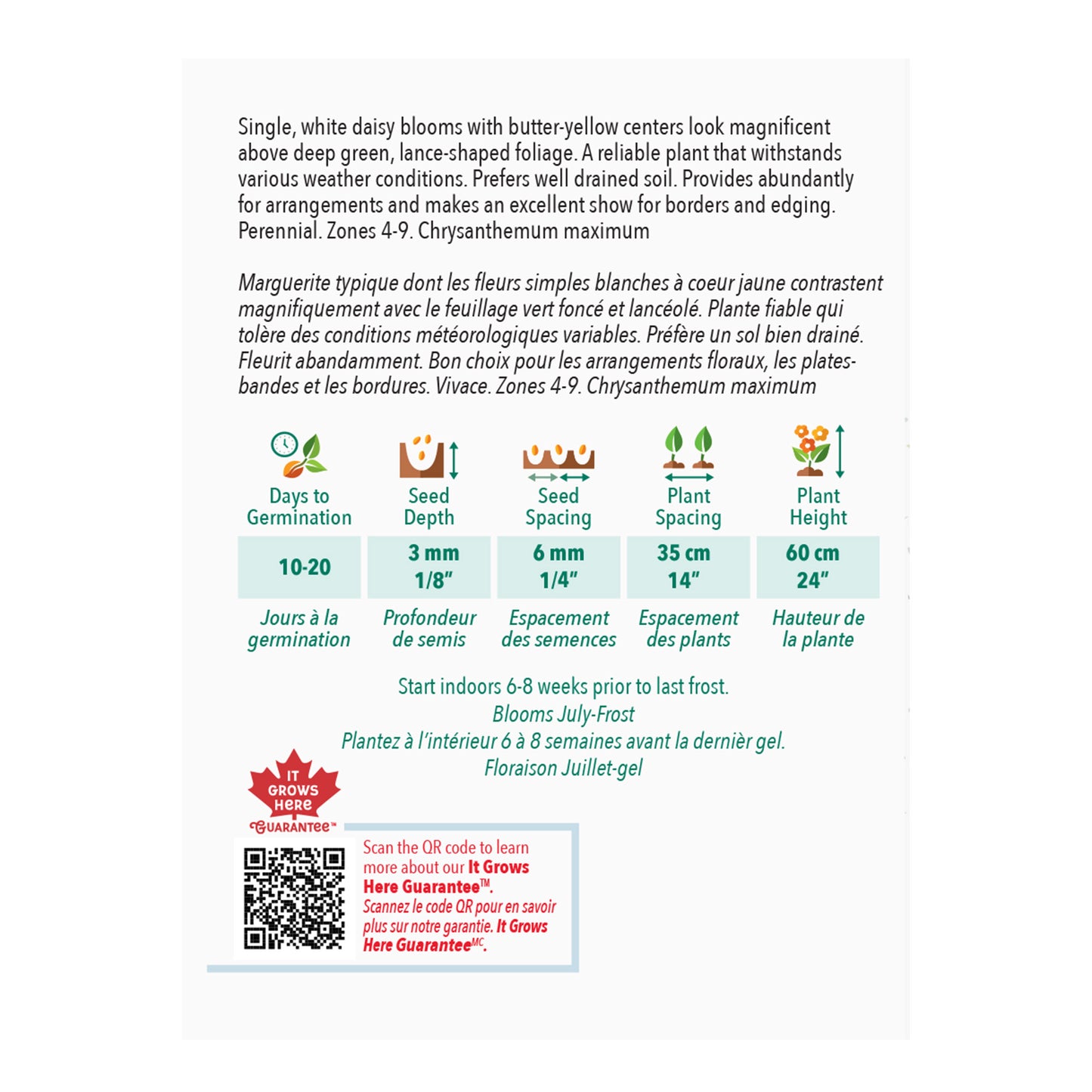 Back of a seed packet with plant information and QR code on a white background