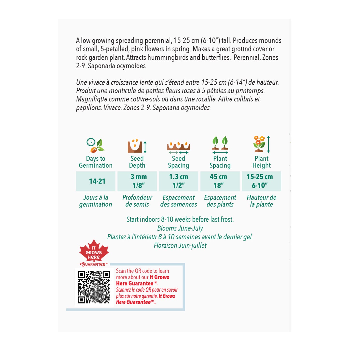 Product label with gardening information and QR code on a white background