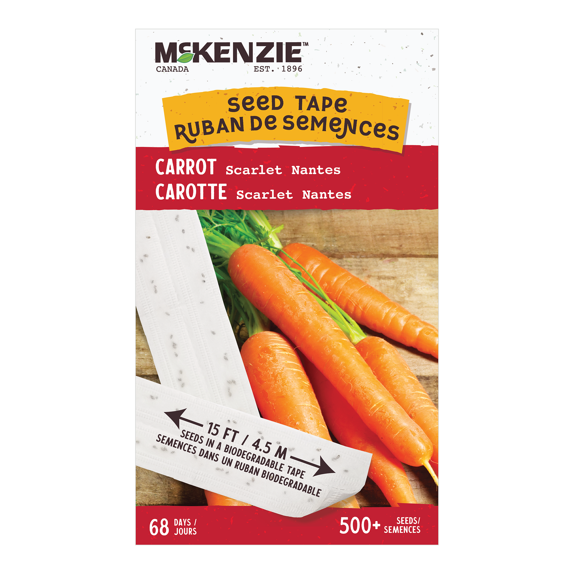 Front packaging of McKenzie Seeds Carrot Scarlet Nantes seed tape