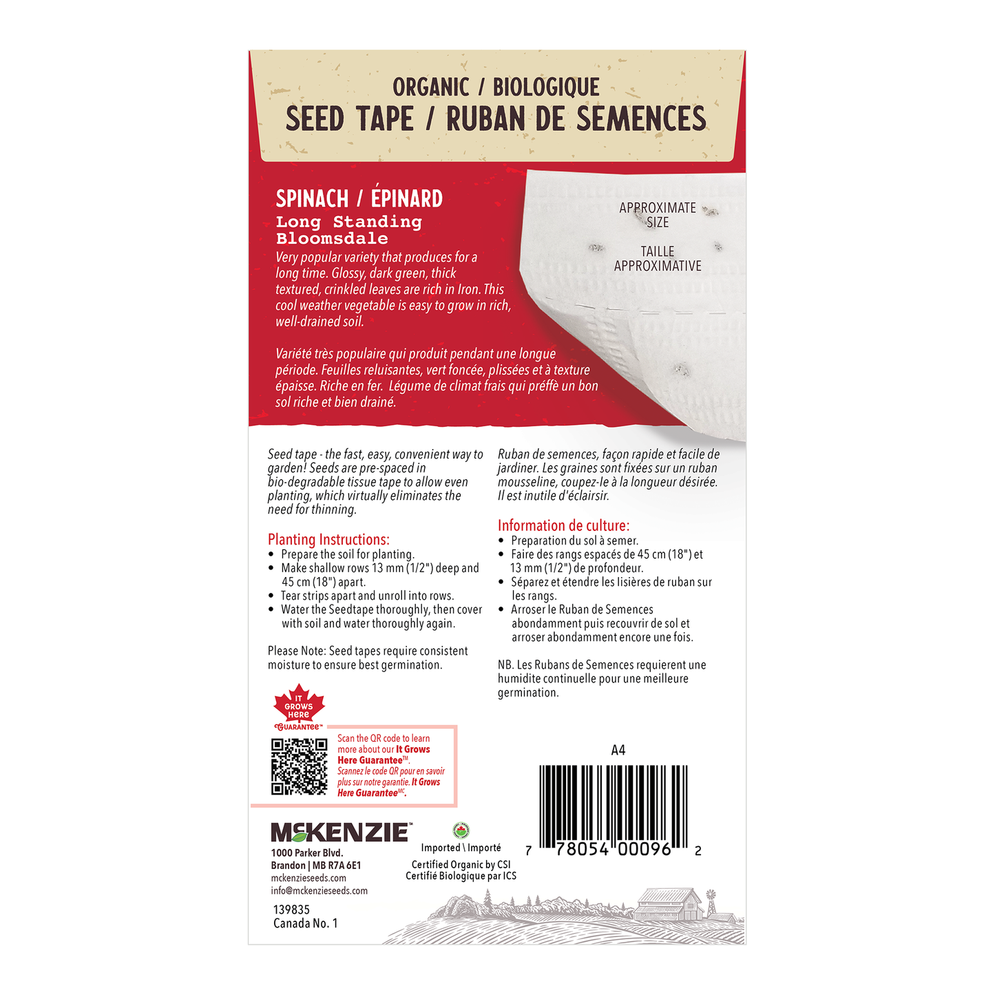 Spinach, Long Standing Bloomsdale Organic Seed Tape