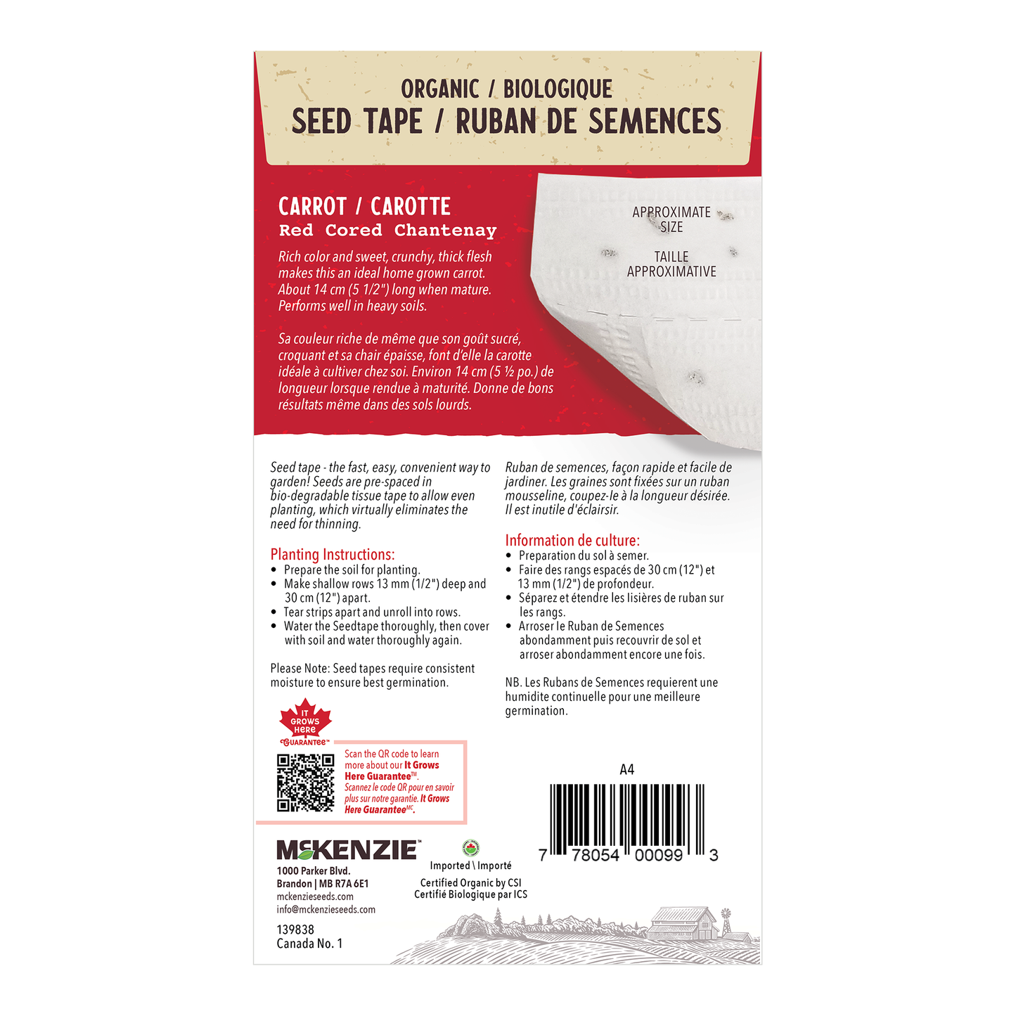 Back packaging of McKenzie Seeds Carrot red cored chantenay seed tape