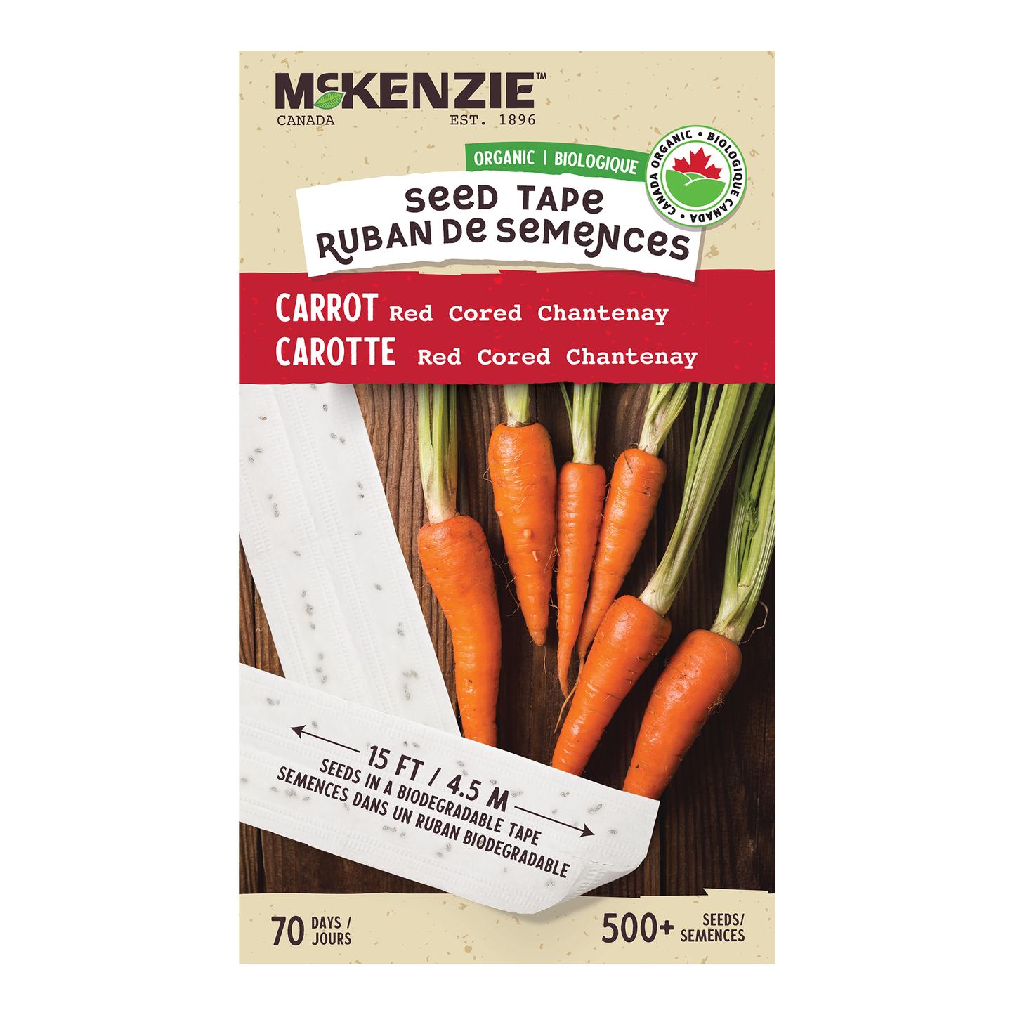 Front packaging of McKenzie Seeds Carrot red cored chantenay organic seed tape