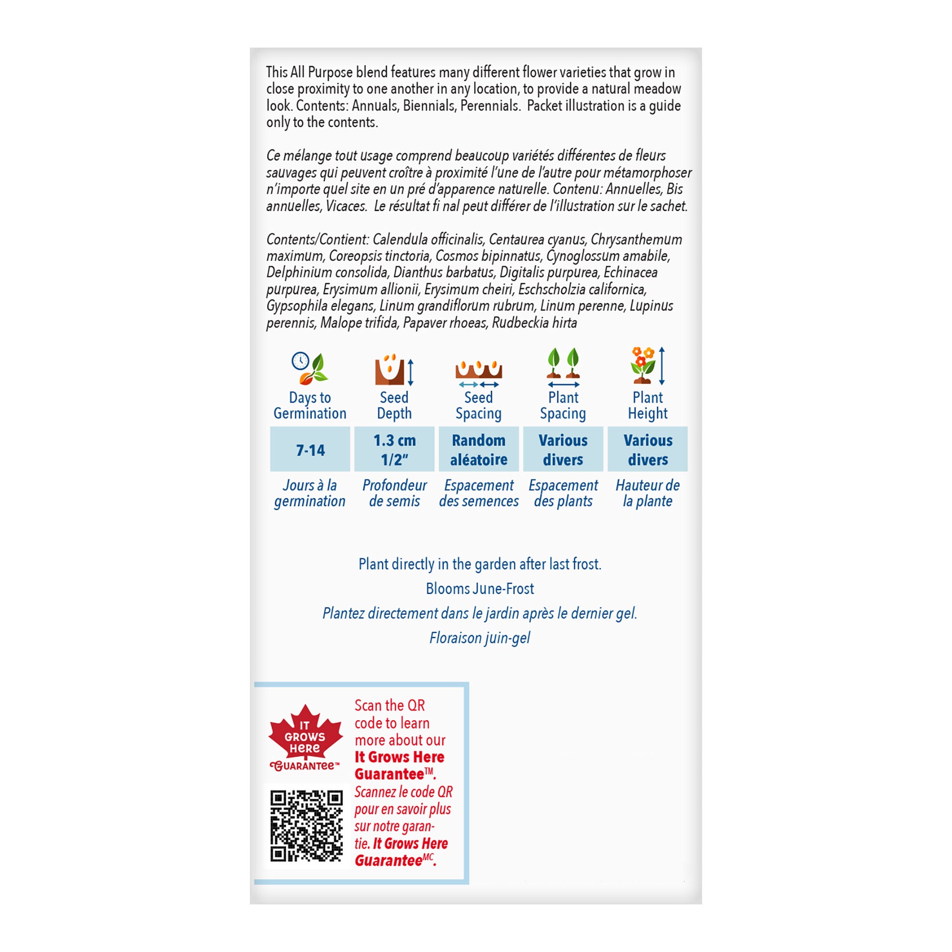 Back of a seed packet with planting instructions and product details on a white background