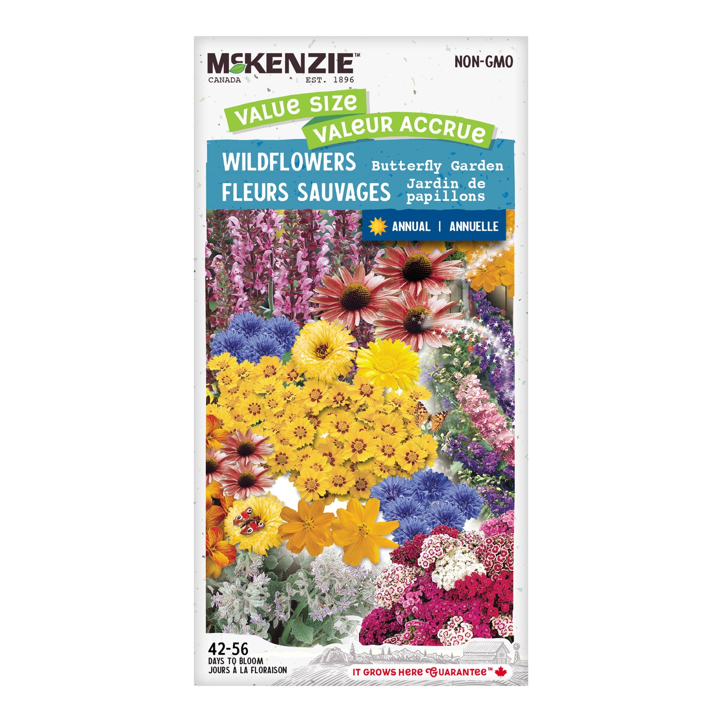 Front of McKenzie Seeds Wildflowers Butterfly Garden packaging, featuring colorful illustrations of various wildflowers