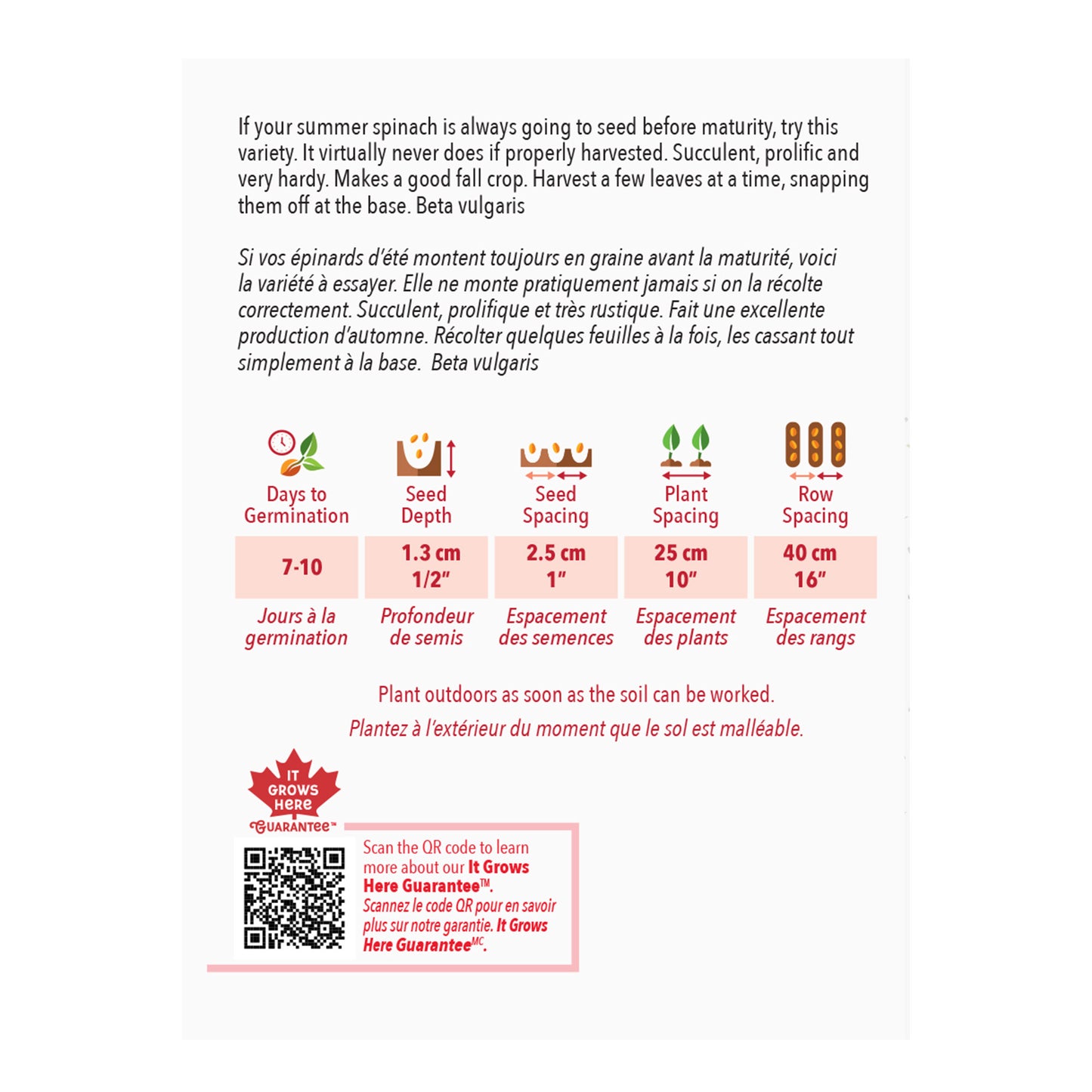 Seed packet with planting instructions and QR code on a white background