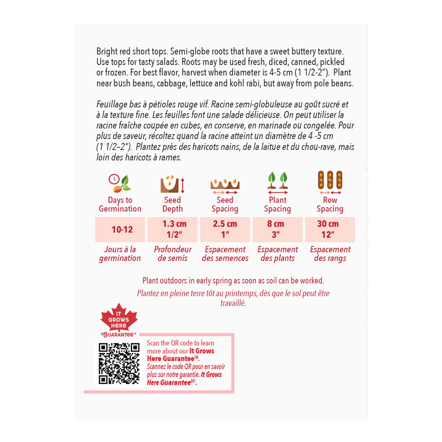 Seed packet with planting instructions and product details on a white background