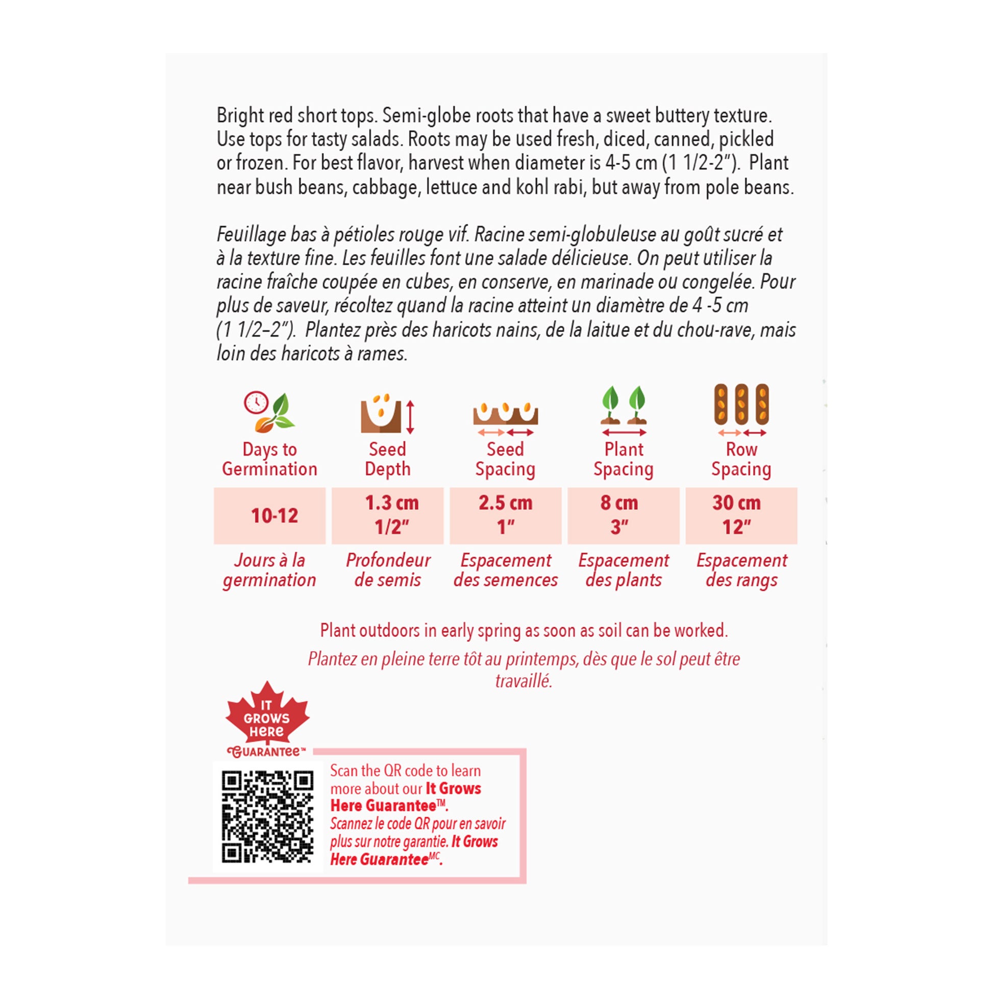 Seed packet with planting instructions and product details on a white background