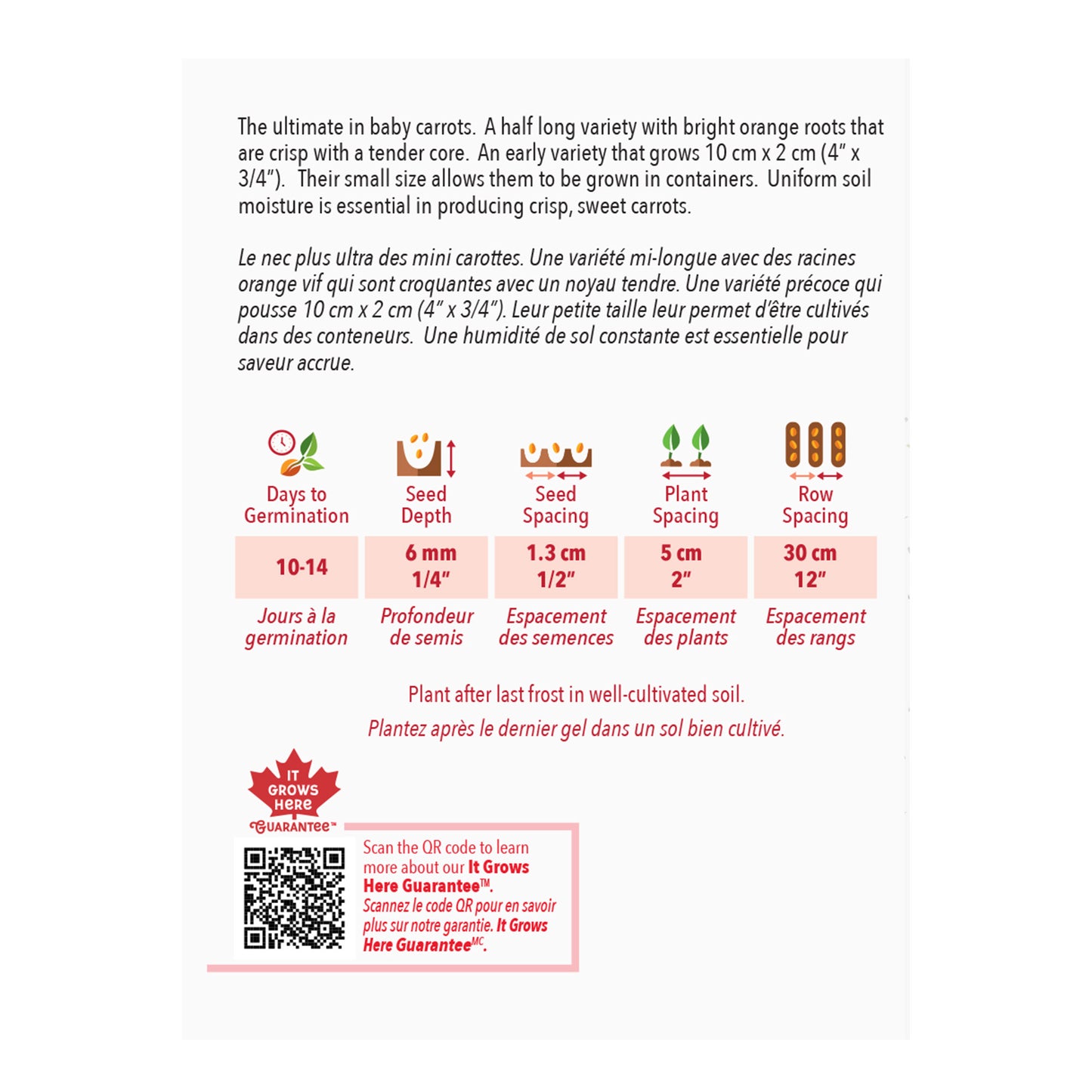 Seed packet for baby carrots with planting instructions and QR code on a white background