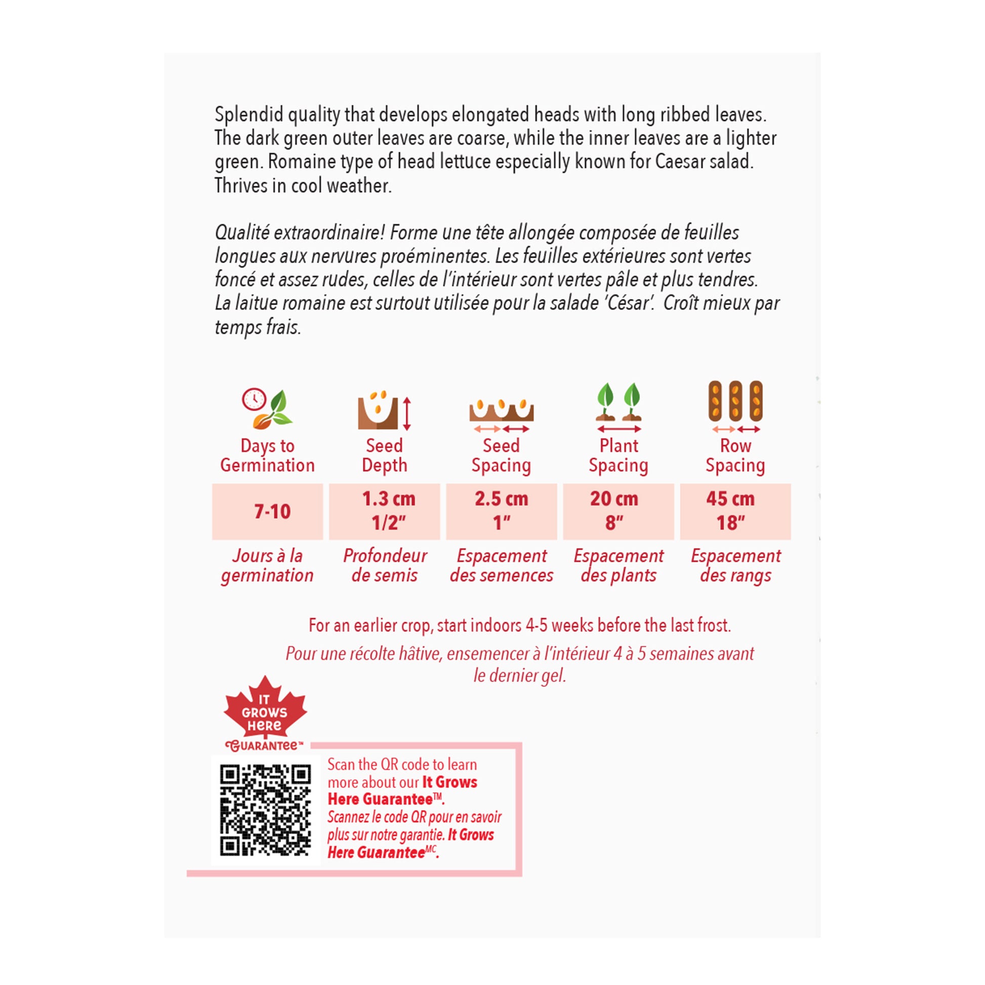 Seed packet with gardening instructions and product details on a white background