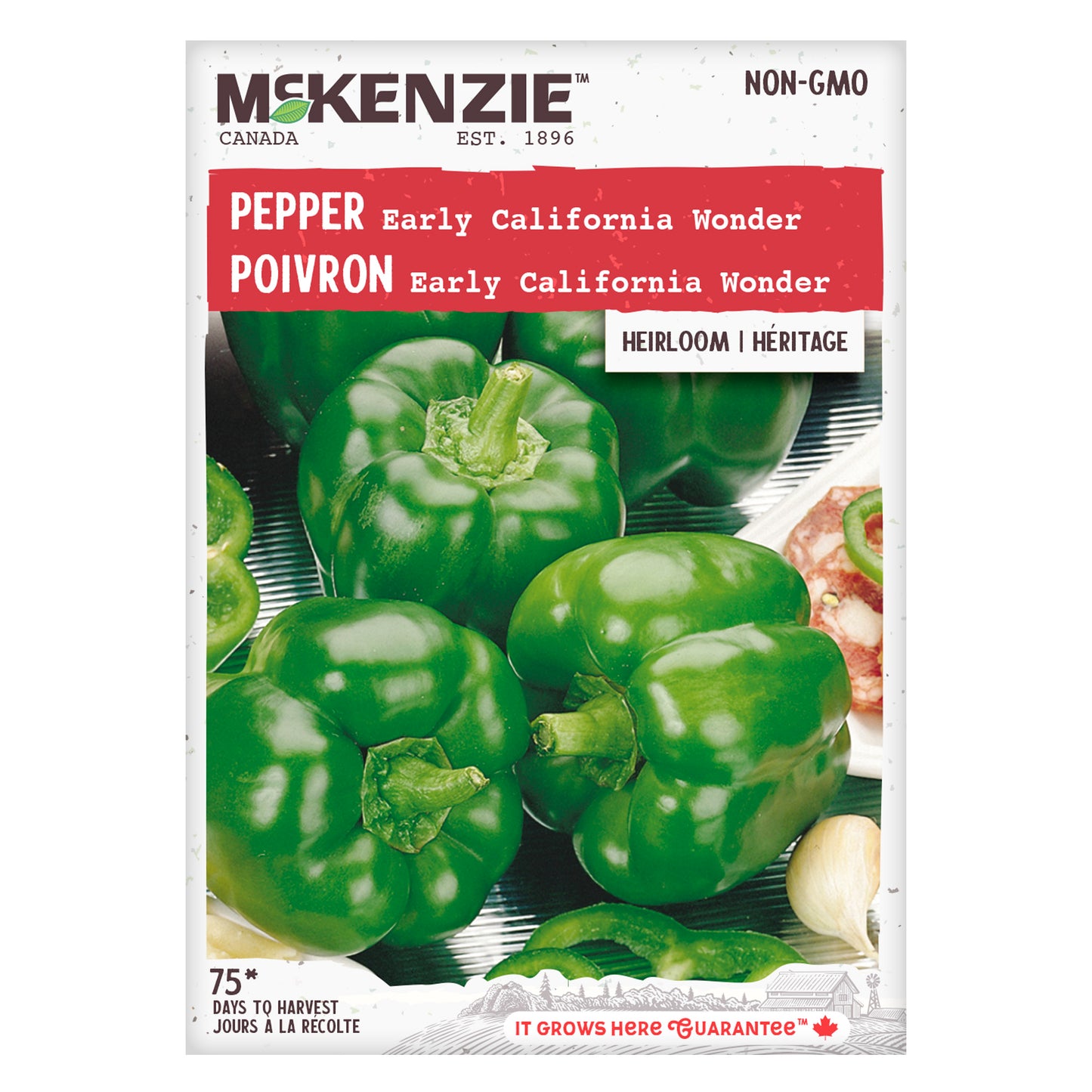 Front of McKenzie Seeds pepper seed packet showing variety name and brand logo