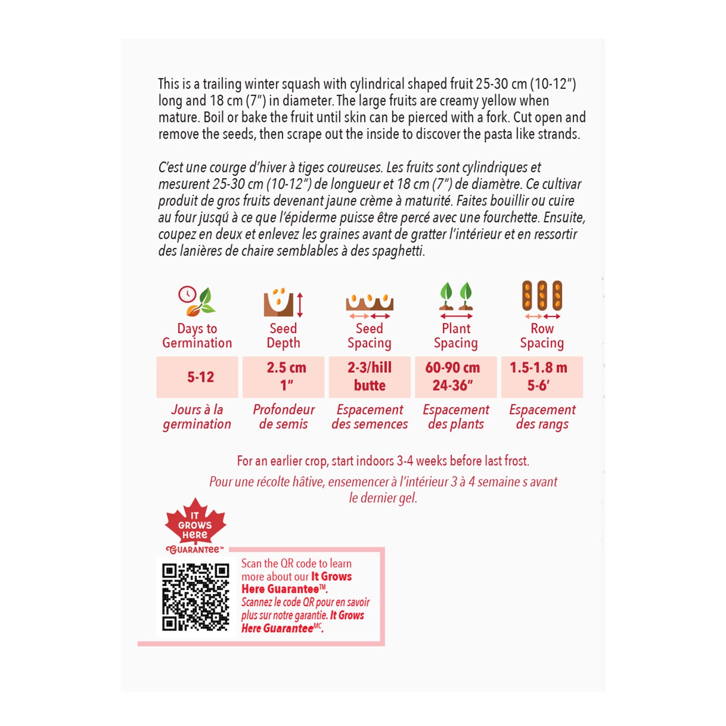 Back of a seed packet with text and planting instructions for a winter squash variety.
