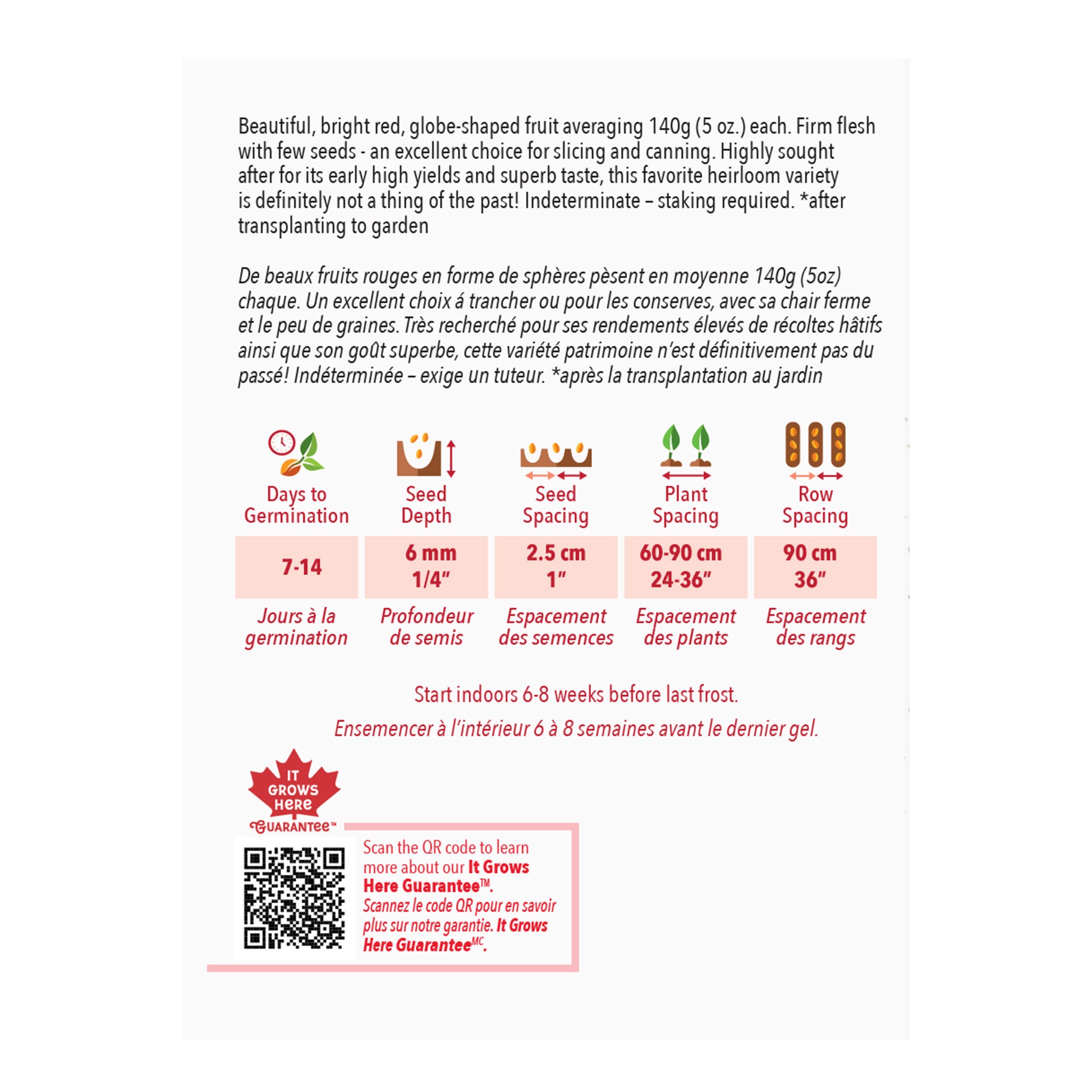 Seed packet with planting instructions and product details on a white background