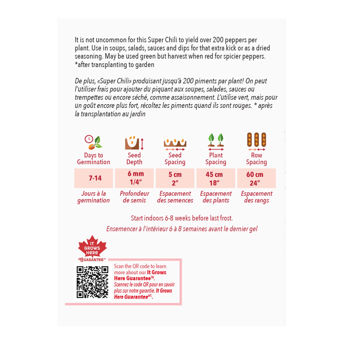 Seed packet with planting instructions and product details on a white background