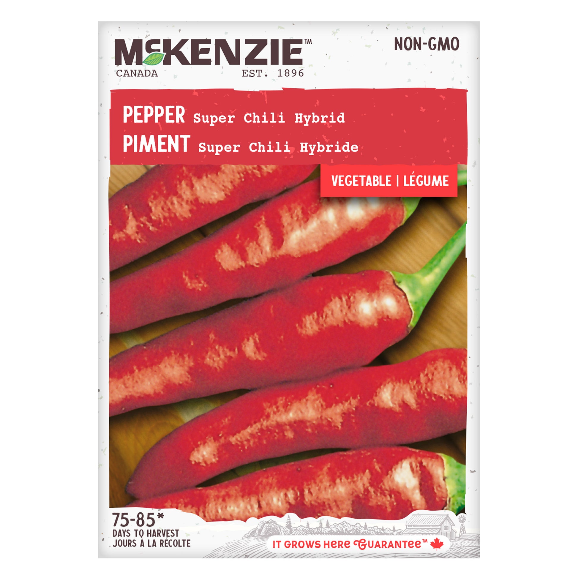 Front of McKenzie Seeds pepper seed packet showing variety name and brand logo