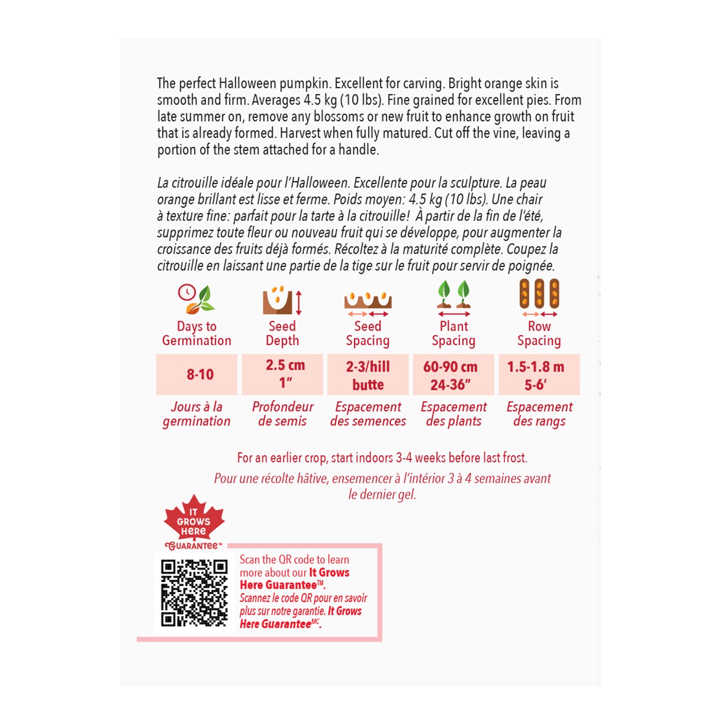 Back of a seed packet for a pumpkin with text and a barcode.