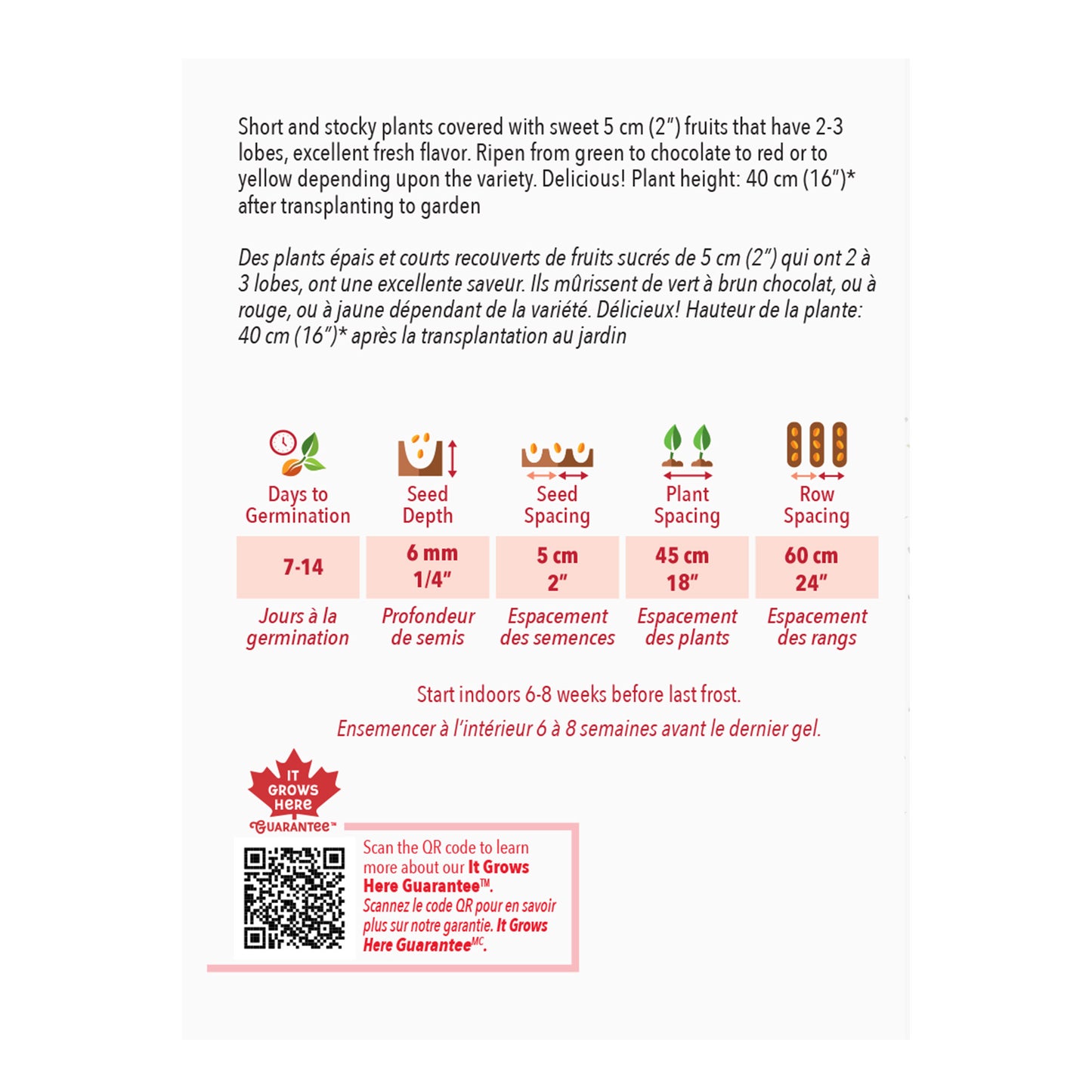 Seed packet with planting instructions and product details on a white background