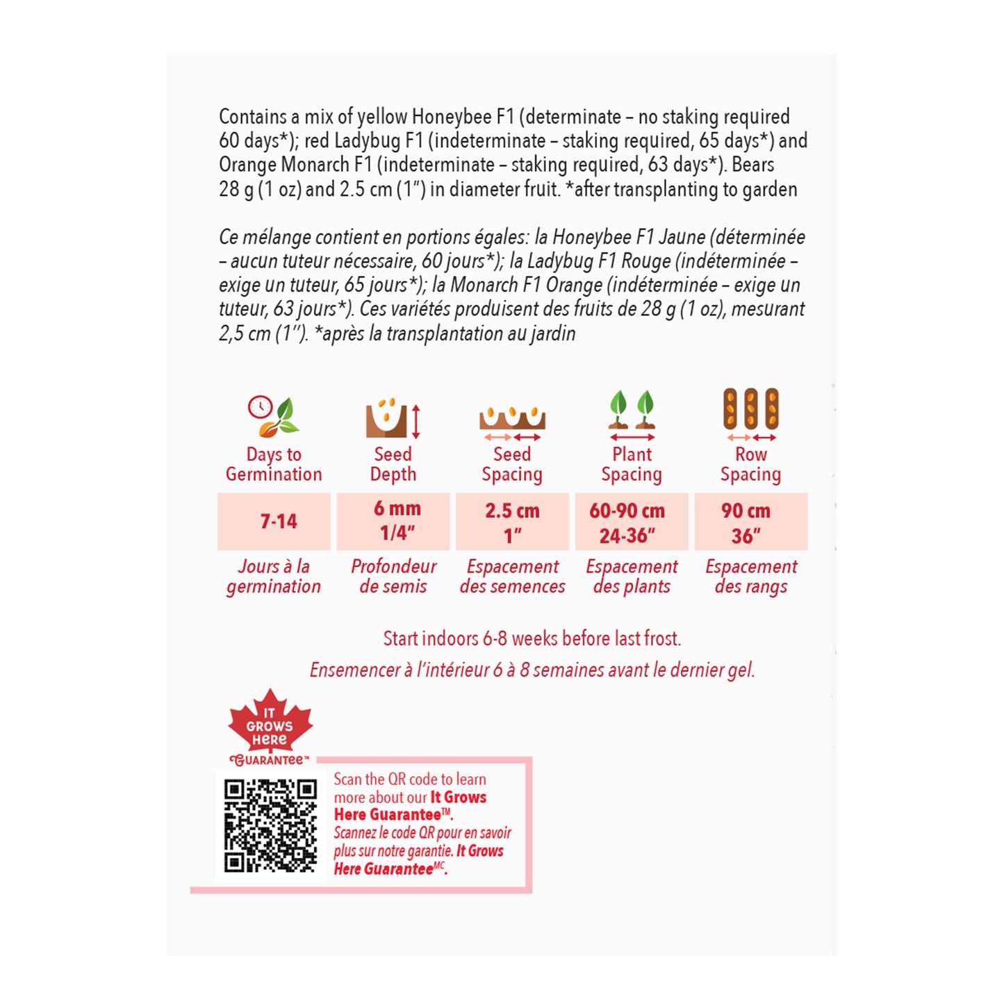 Back of a seed packet with planting instructions and product details.