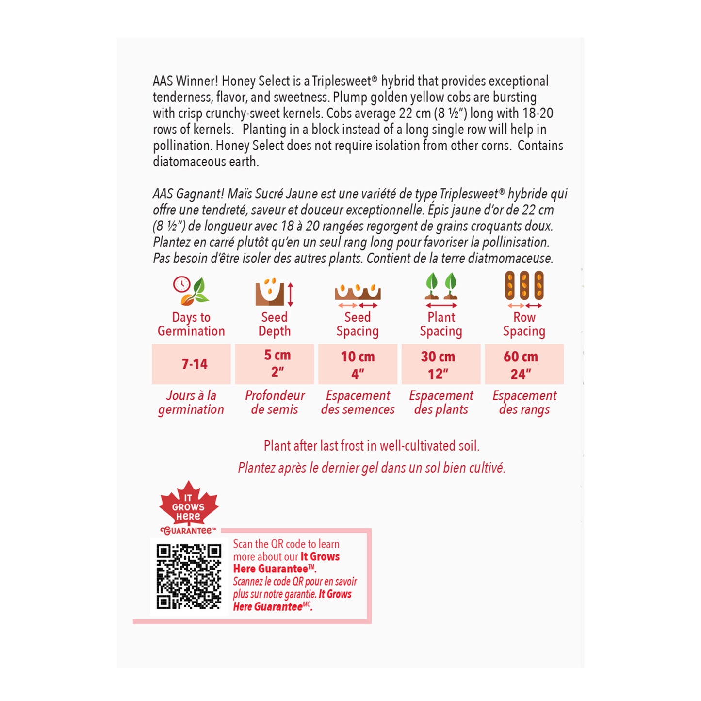 Honey Select corn seed packet with planting instructions and product details on a white background