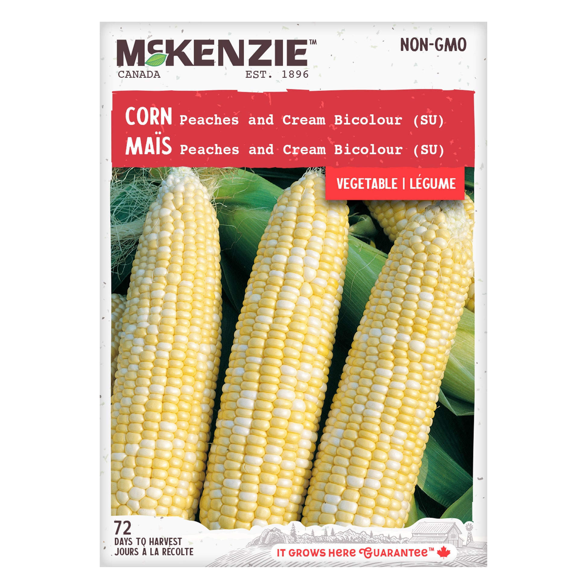 Front of McKenzie Seeds corn packaging showing an image of mature yellow corn ears with the McKenzie brand logo