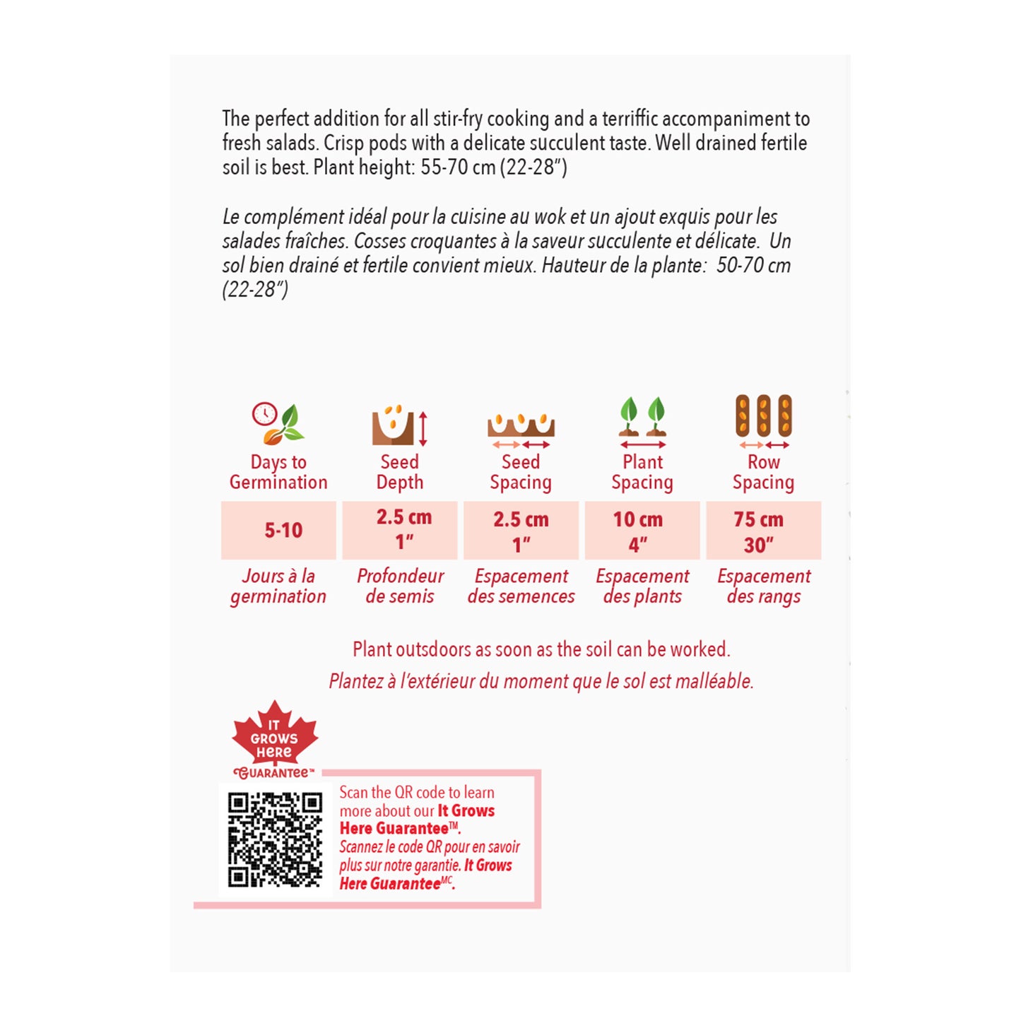 Back of a seed packet with planting instructions and product details on a white background