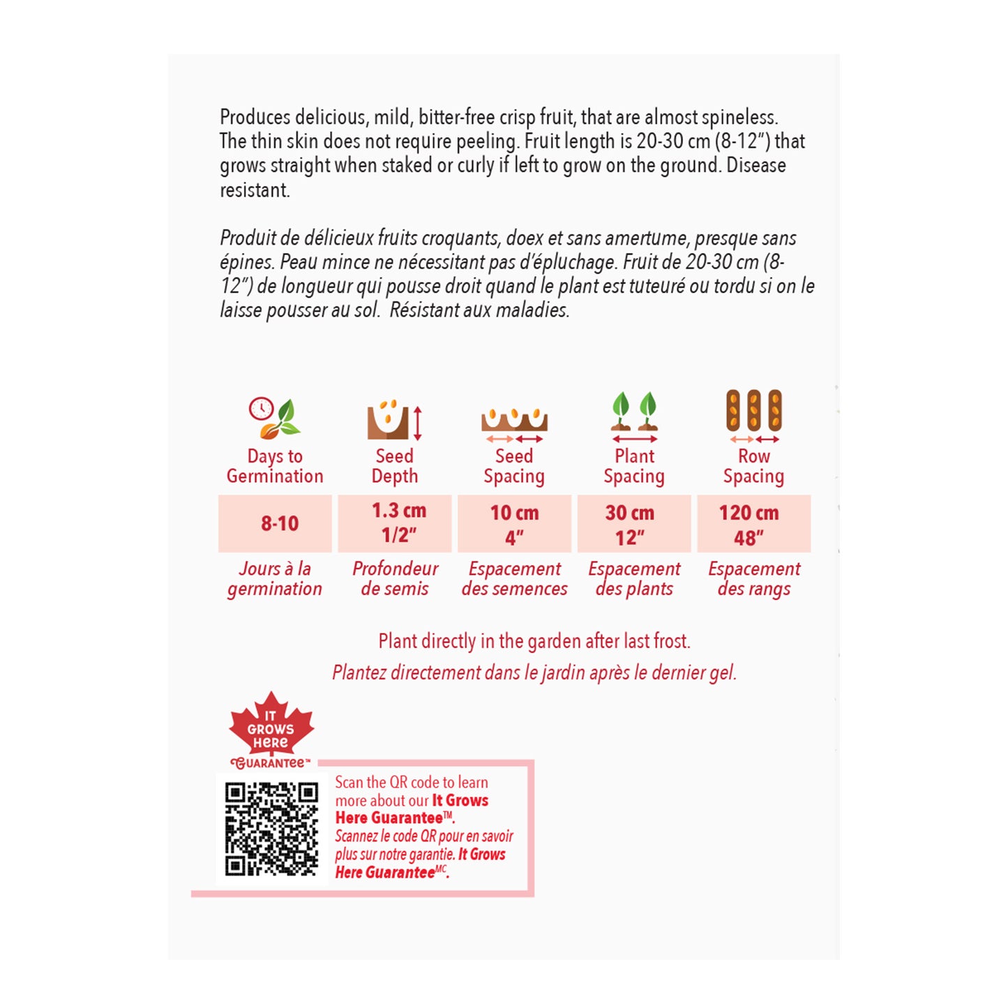 Seed packet with planting instructions and product details on a white background