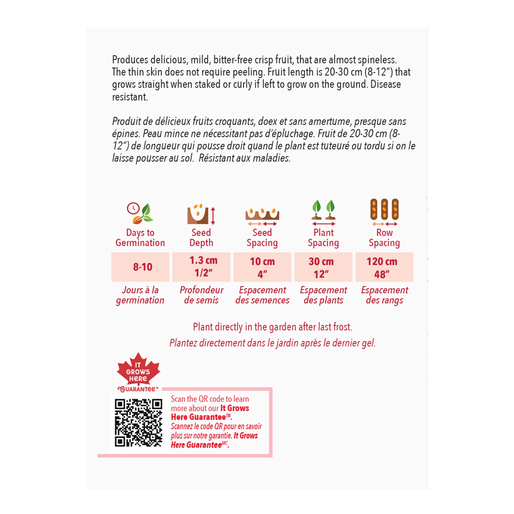 Seed packet with planting instructions and product details on a white background