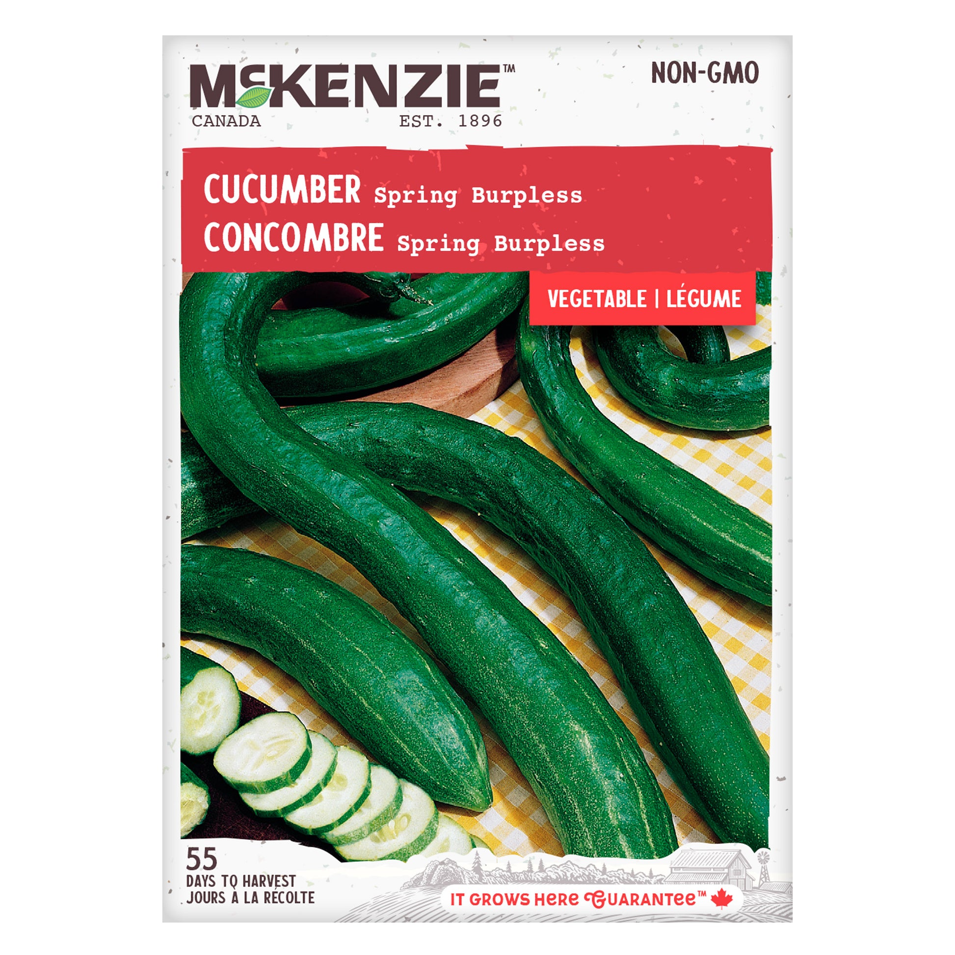 Front of McKenzie Seeds Cucumber seed packet showing brand logo, cucumber variety name, and image of fresh cucumbers.