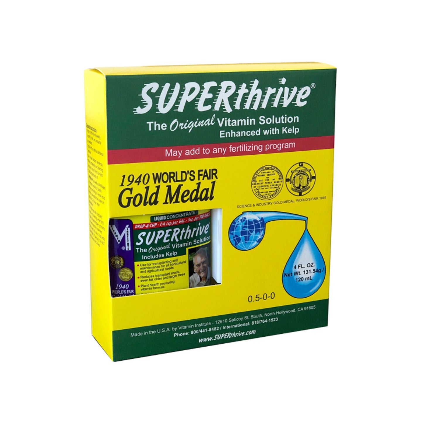 A bottle of SUPERthrive plant vitamin solution with kelp, 4 ounces, with label and instructions.