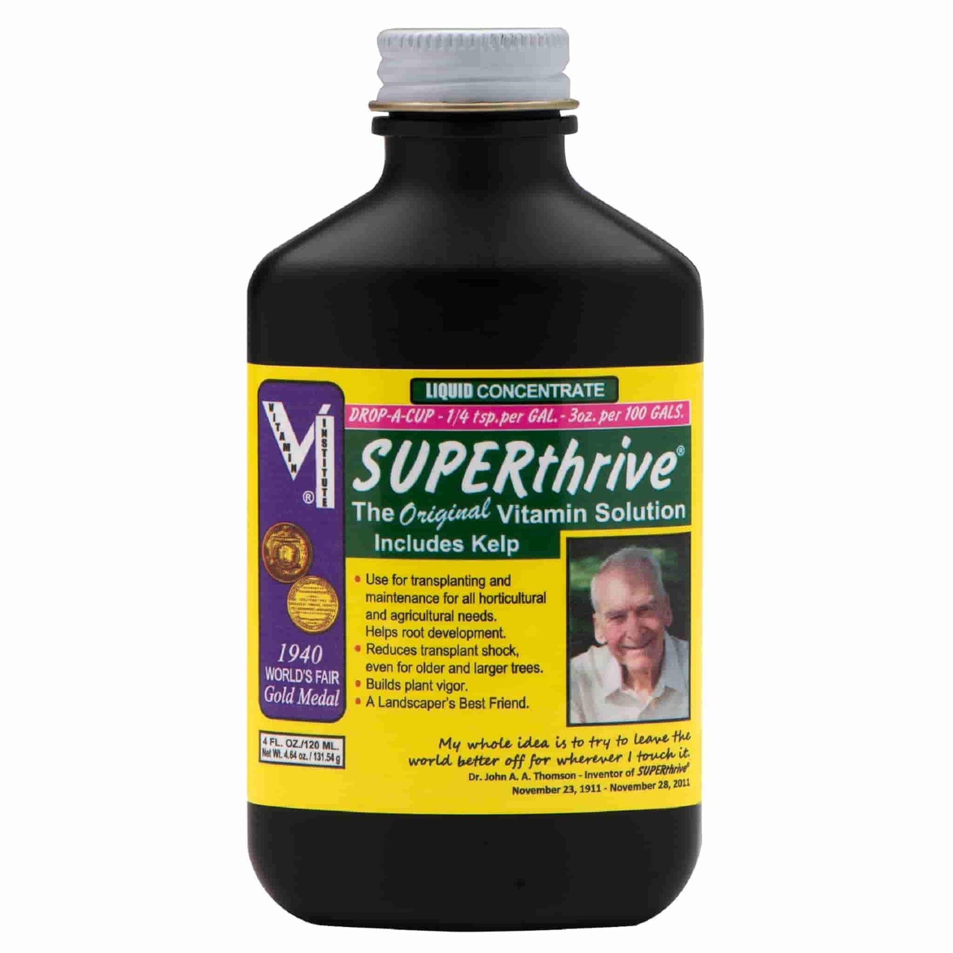 A bottle of SUPERthrive plant vitamin solution with kelp, 4 ounces, with label and instructions.