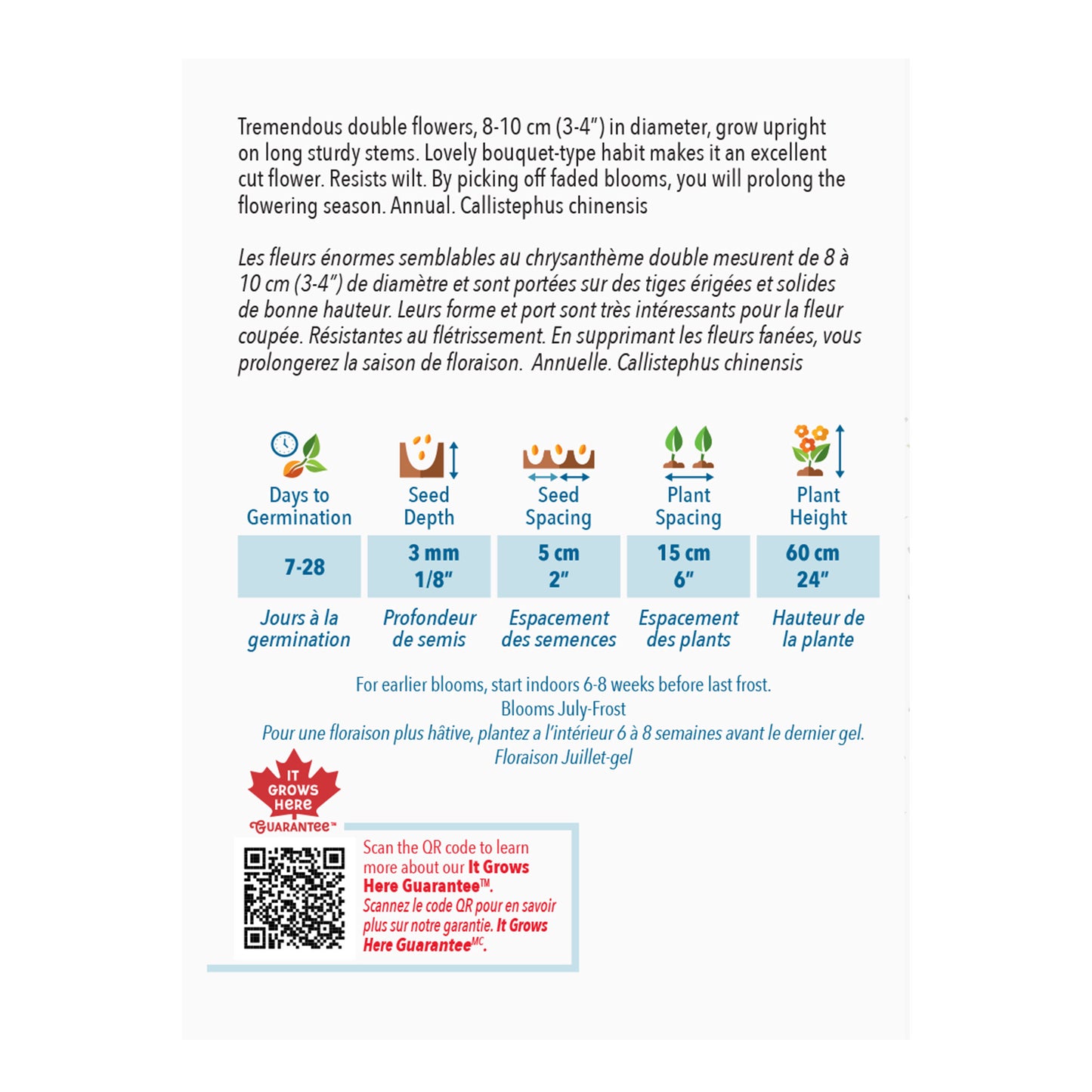 Seed packet with plant information and QR code on a white background