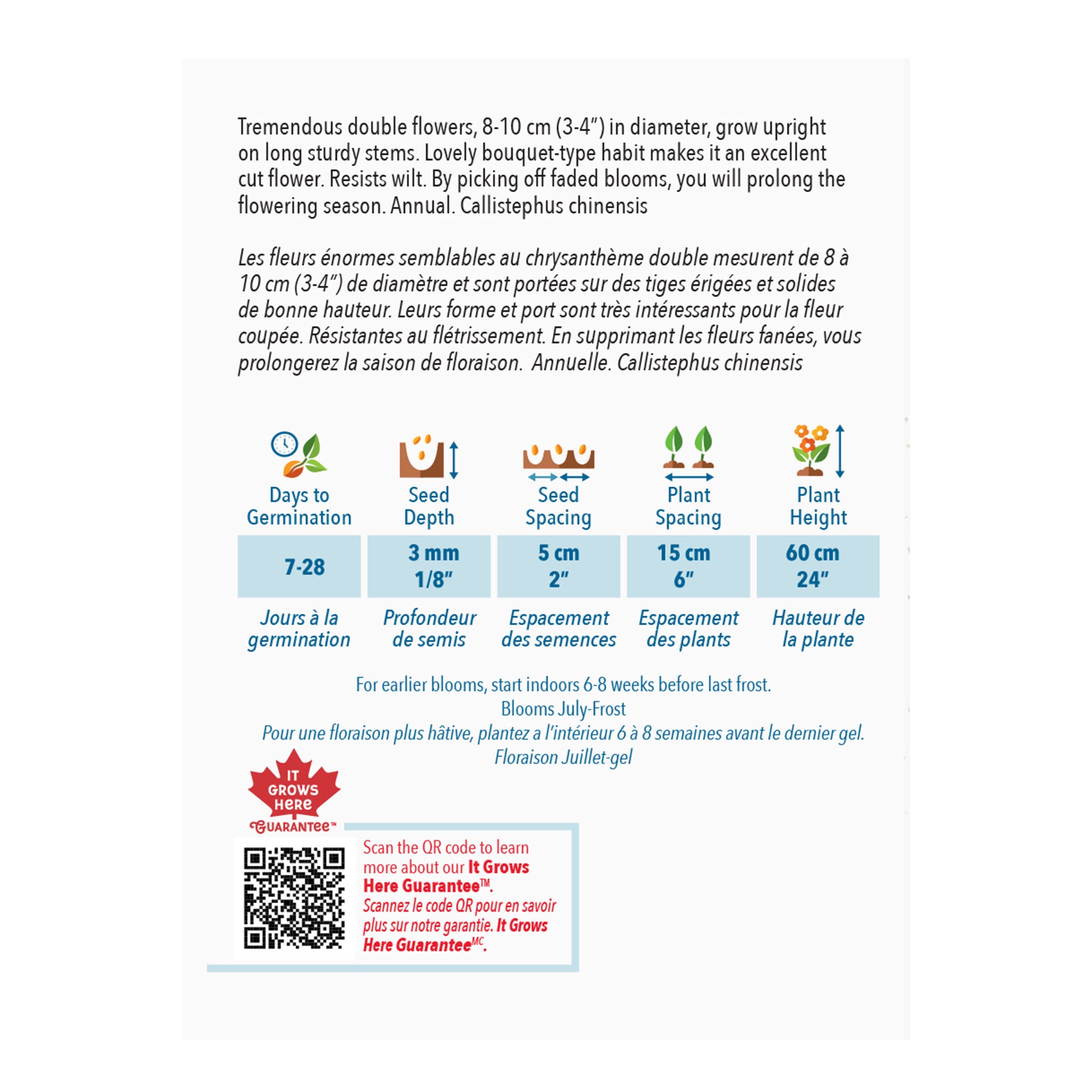 Seed packet with plant information and QR code on a white background