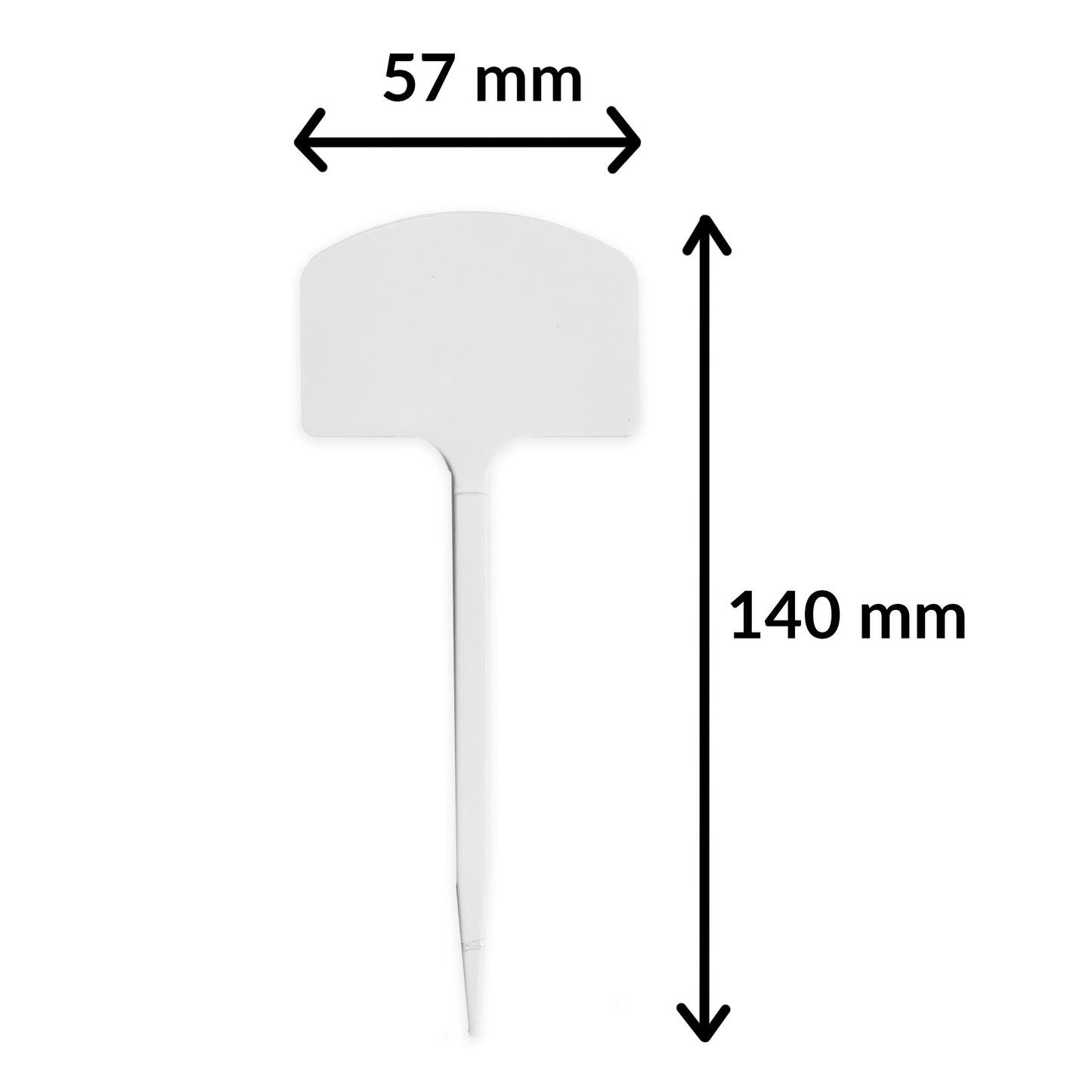 White plastic tag with dimensions labeled on a white background