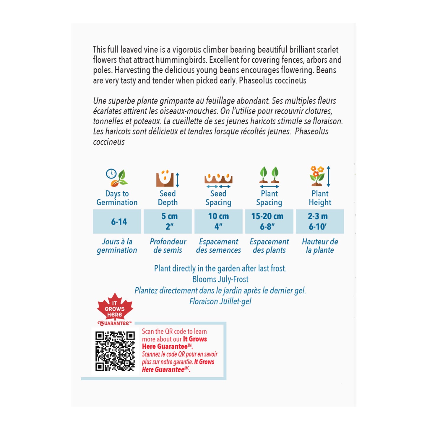 Seed packet with plant information and QR code on a white background